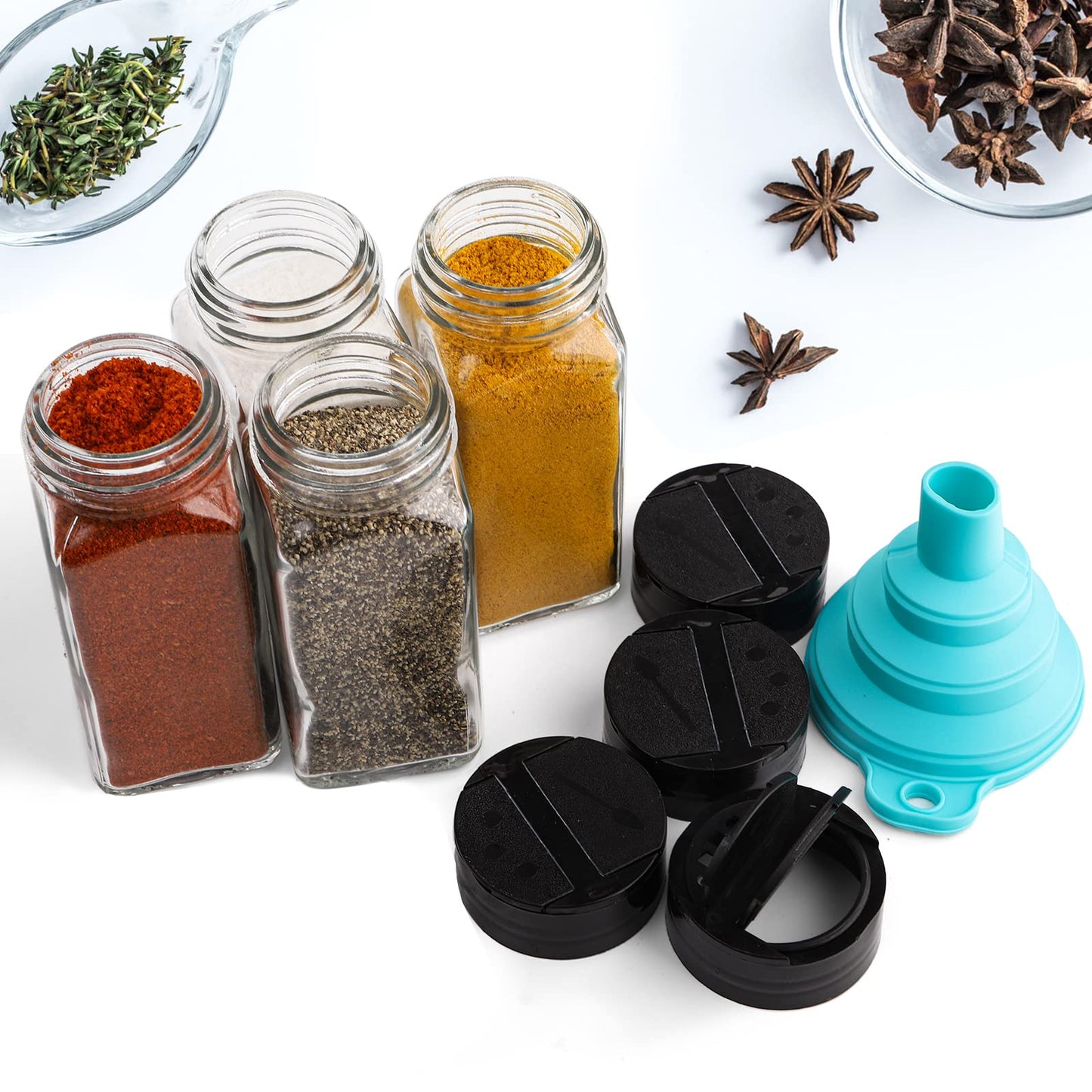 Tebery 30 Pack Glass Spice Jars Square Glass Bottles with Black Caps, 4oz Empty Spice Containers Shakers Complete Organizer Set Includes Shaker Lids, Wide Funnel and Labels
