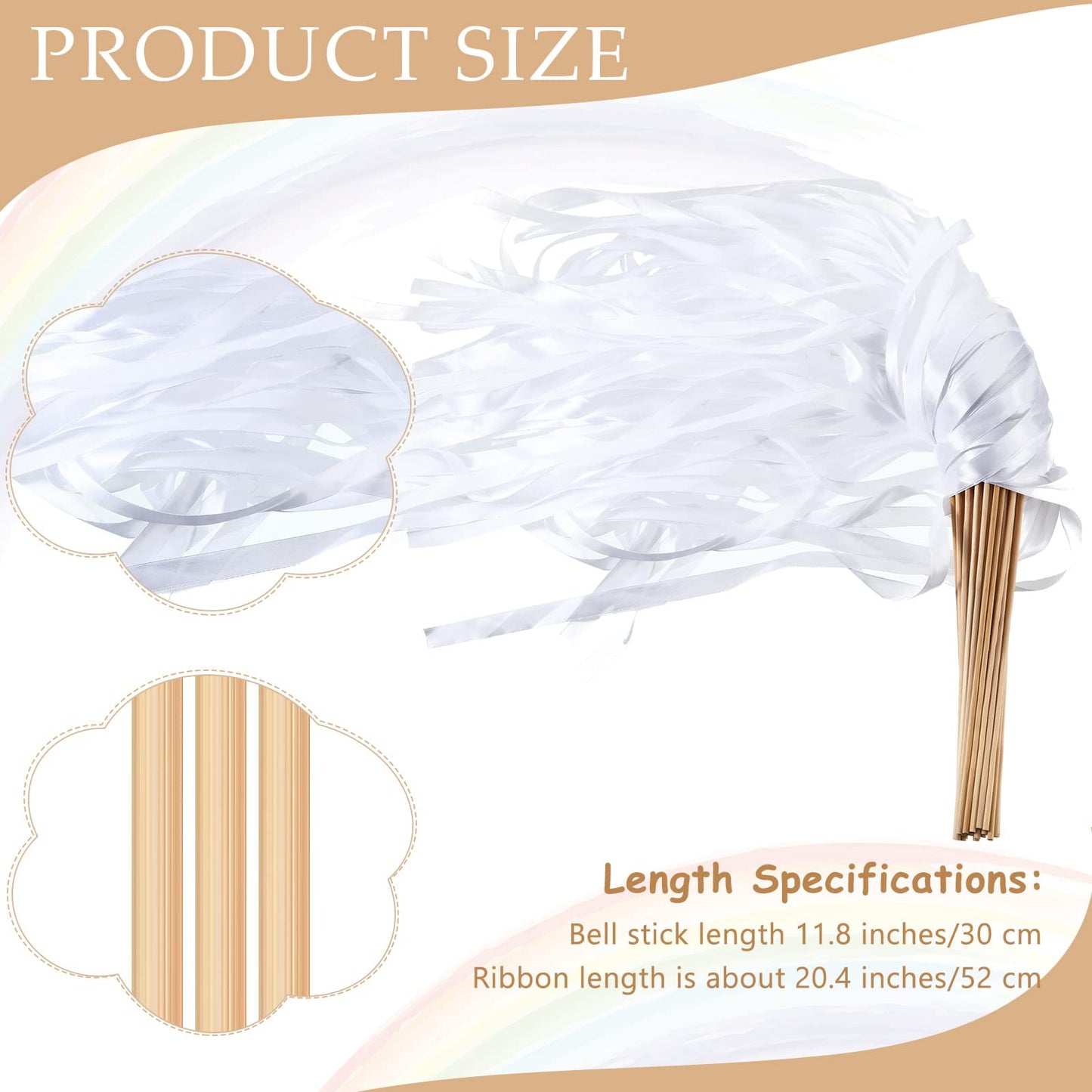 Chalyna 100 Pieces Lace Ribbon Wedding Sticks Colorful Ribbon Streamers Party Streamers with Bells Silk Fairy Stick Wands for Wedding, Party, Holiday, Activities(White)