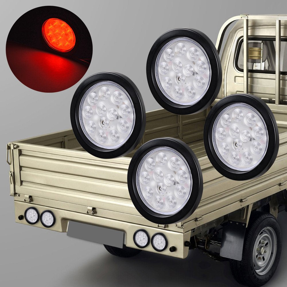 4 pcs Clear Lens - Red Light 4" Round 12-LED Truck RV Trailer Light Ruber Cover Wiring Plug Kit