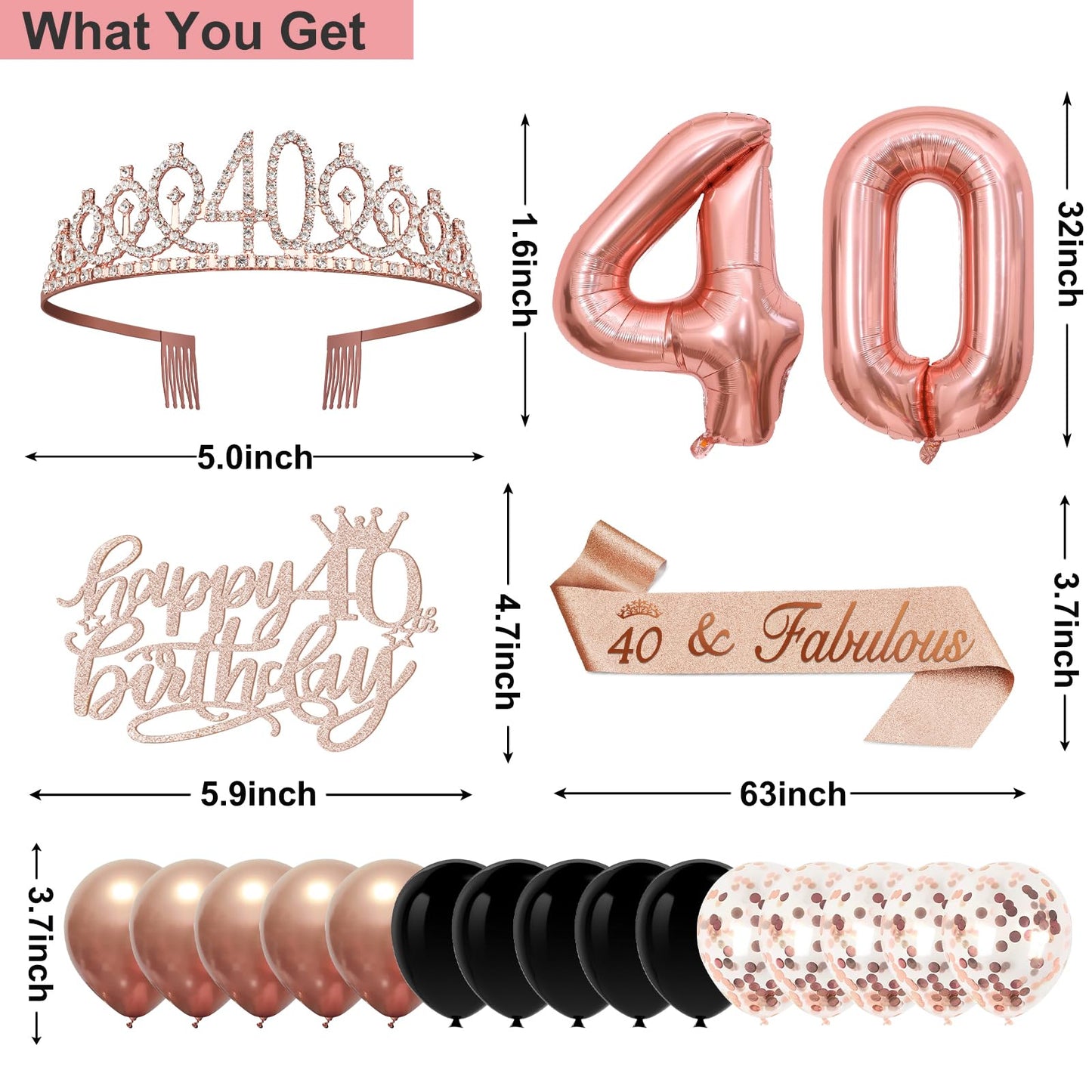 40th Birthday Decorations for Women,32pcs 40th Birthday Party Decorations,Including Backdrop, Crown,Sash,banner, Hanging Swirl,Cake Topper,balloons,Paper Fans,Anniversary Card and paper fans