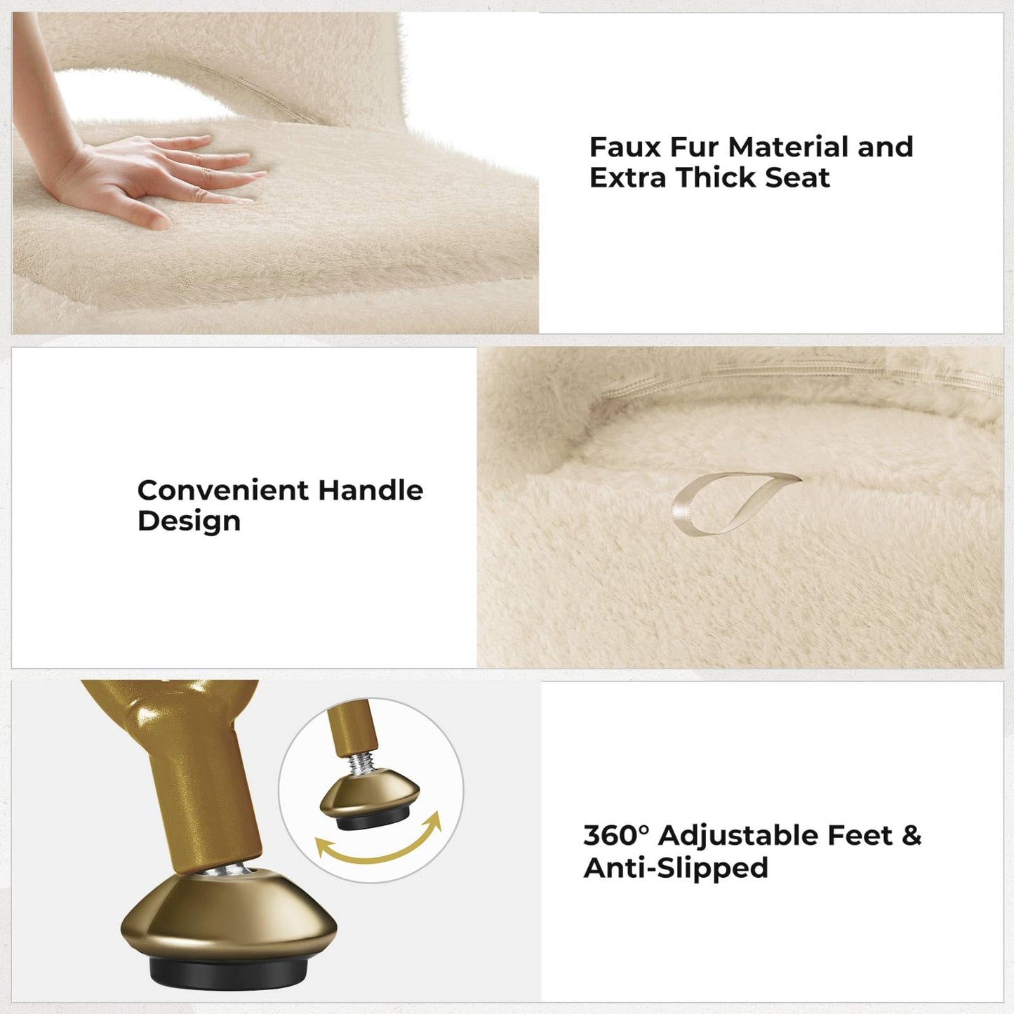 Greenstell Vanity Stool Chair with Storage and Folding Back, 13.4" L x15 W x 30.0" H Square Soft Ottoman, 4 Metal Legs with Anti-Slip Feet, Furry Padded Seat for Makeup, Bedroom, Camel
