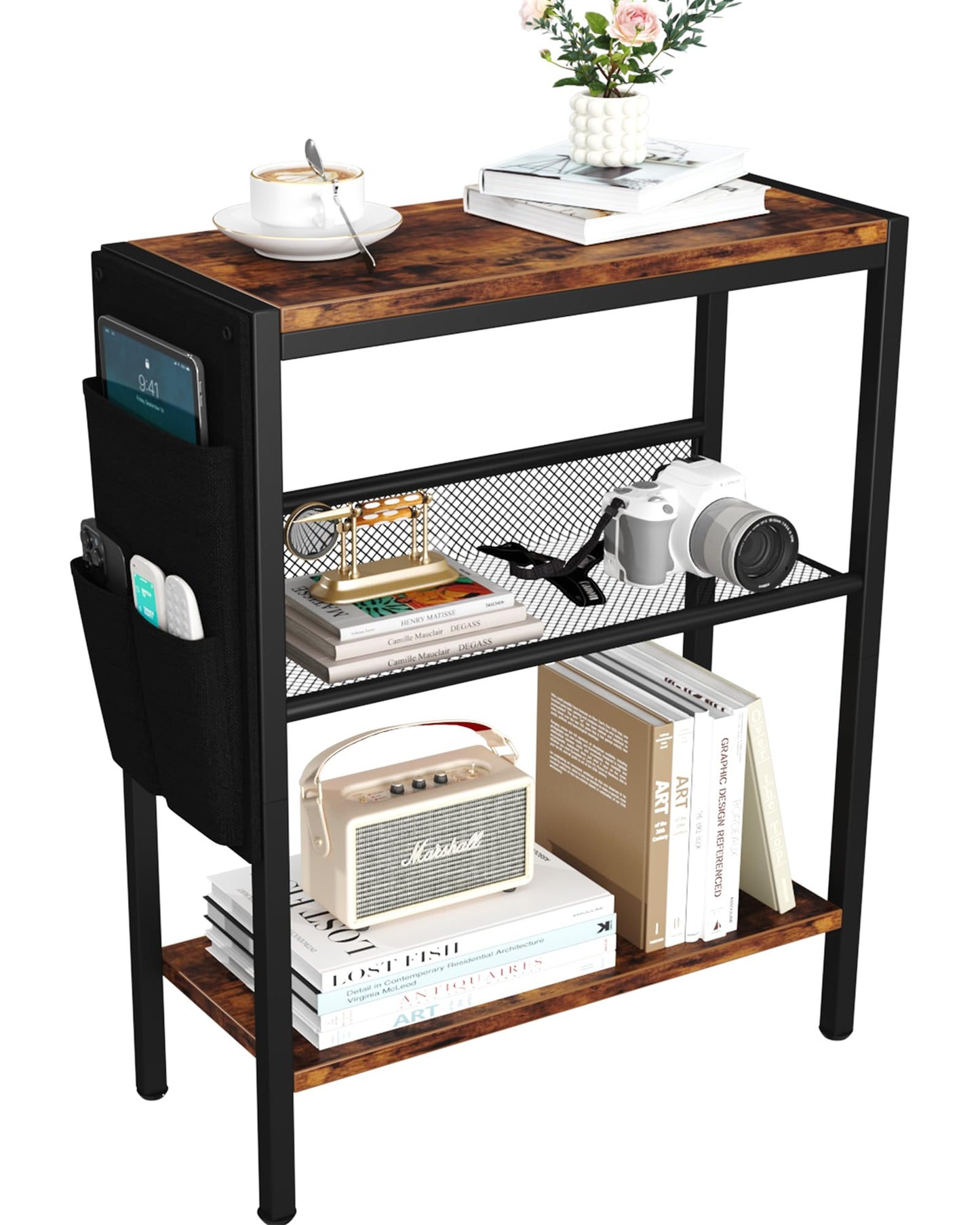 Yusong Small Narrow Side Table for Small Spaces, Slim End Table with Storage Bag, Sofa Snack Table with Adjustable Metal Mesh, 3 Tier Accent Skinny Beside Table for Living Room & Bedroom, Rustic Brown