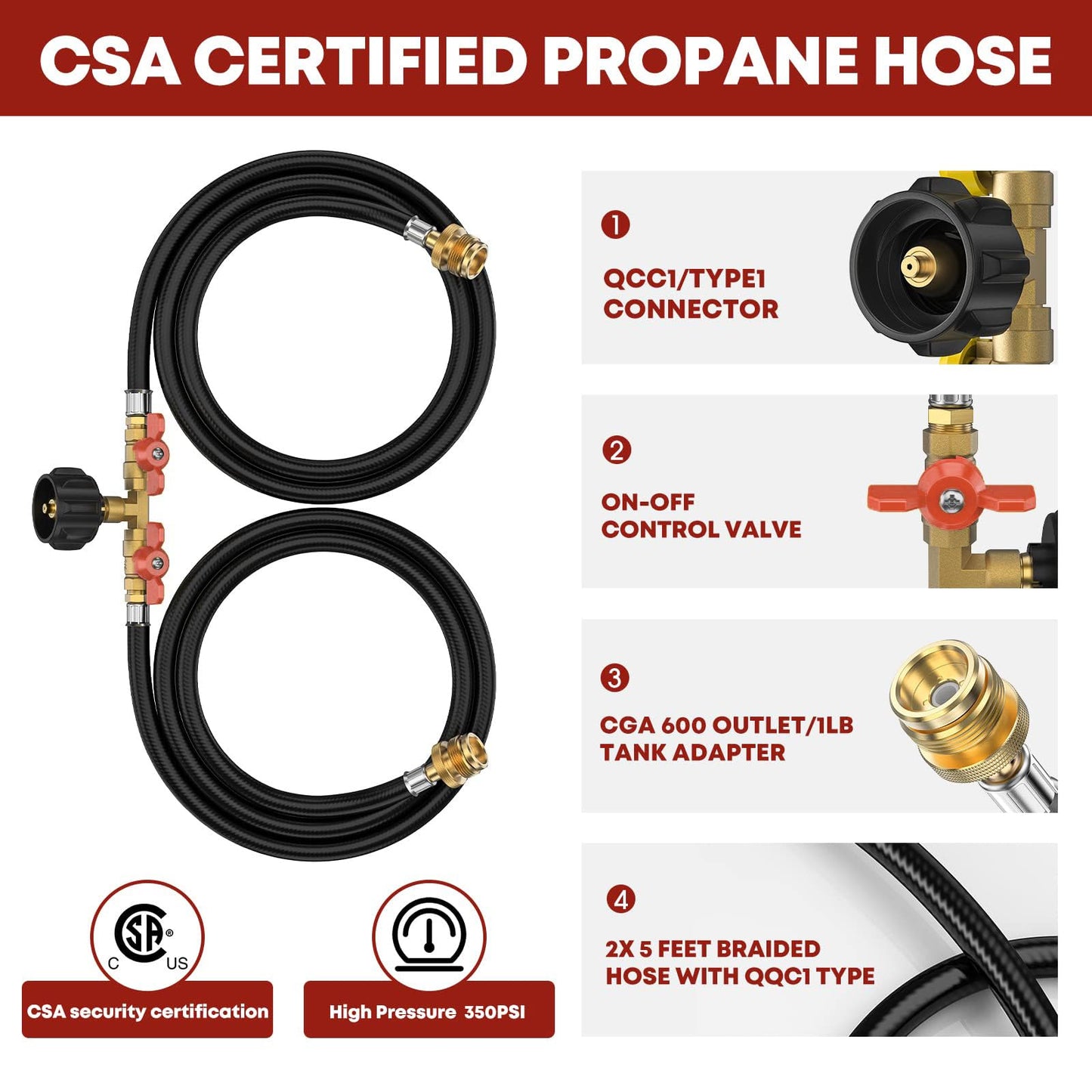 5FT Propane Hose 2 Way Y Splitter with Shut Off Valve, Propane Adapter 1lb Portable Appliance to QCC1/ Type1 5-40lb Tank, 350PSI for Heater, Camping Stove, Grill