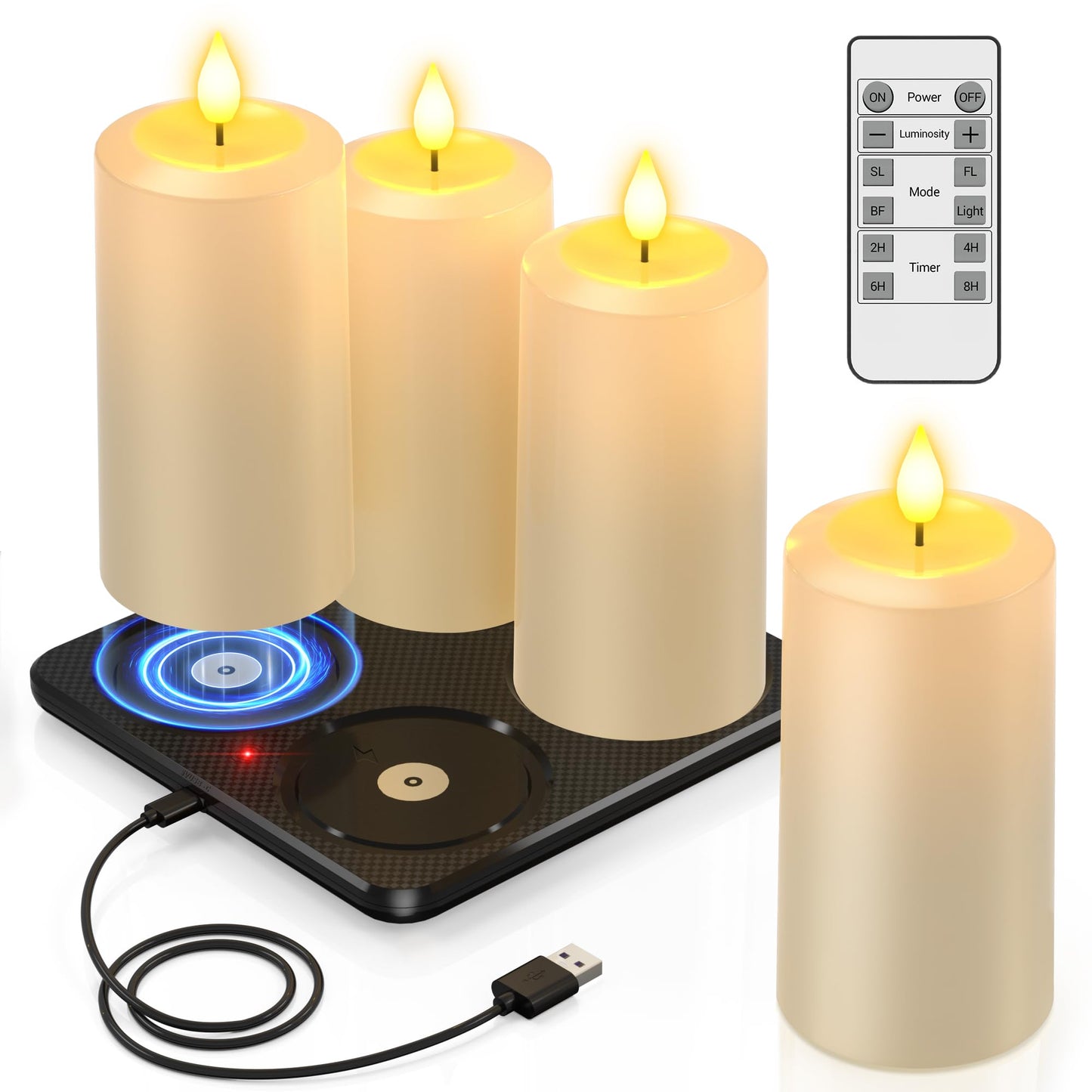 PChero 4PCS Flameless Pillar Candles with Remote Timer & Magnetic Charging Base, Rechargeable Waterproof Battery Operated LED Candles for Outdoor Patio Lantern Holloween Christmas Decor, 2.8" x 5.1"