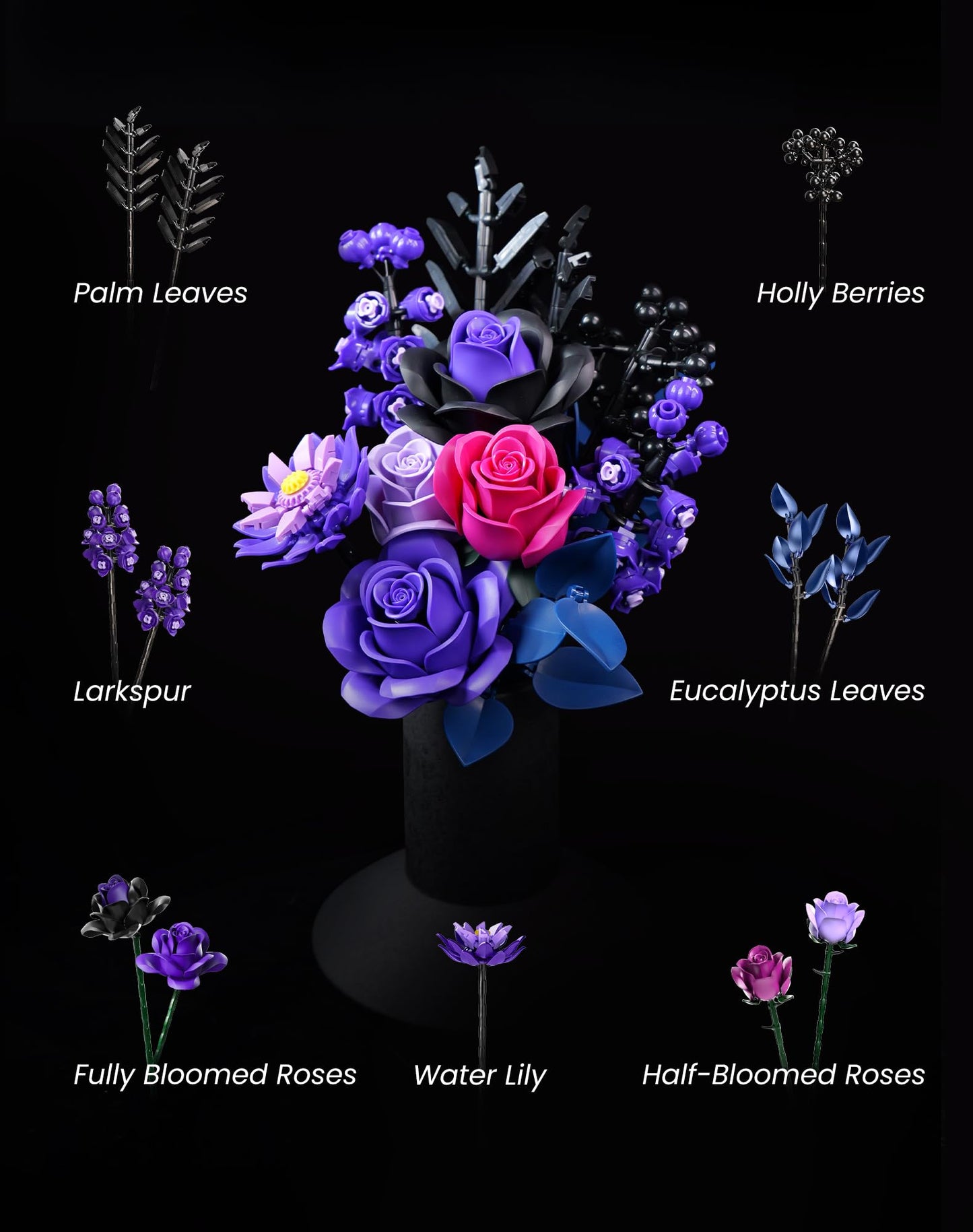 Purple Flower Bouquet Building Set,Rose Botanical Collection Blocks Kit,Compatible with Lego,Halloween Christmas for Adults Women,Artificial Flowers Gothic Decor