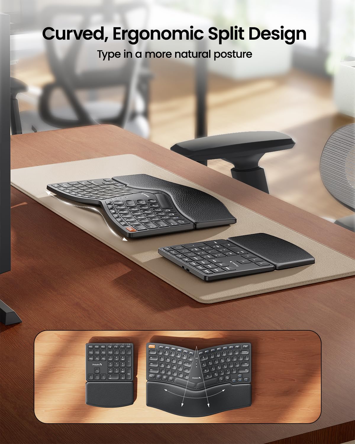 ProtoArc Wireless Ergonomic Keyboard, EK04 2.4GHz Wireless Ergo Keyboard with Separate Numeric Keypad, Split Design, Wrist Rest, Rechargeable, for Desktop, PC, Laptop