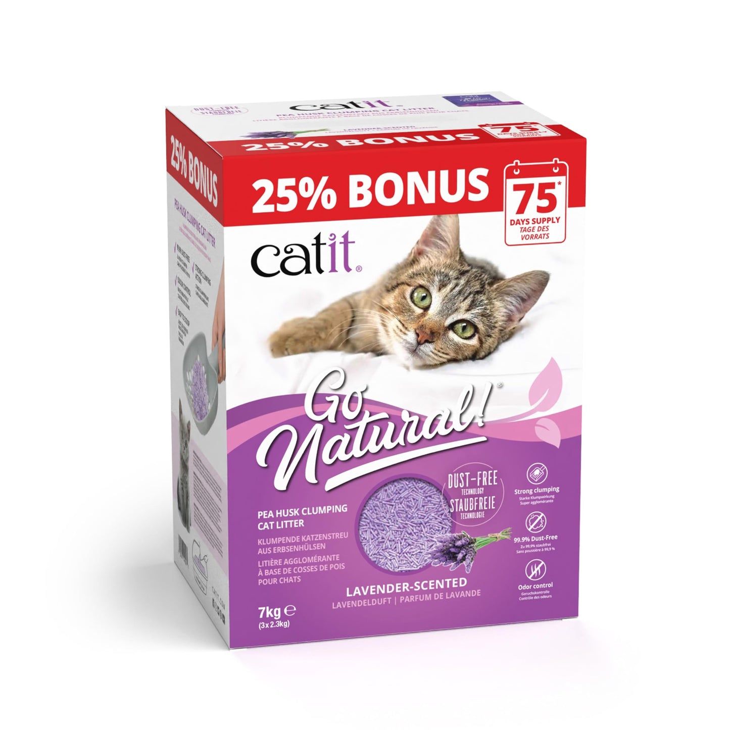 Catit Go Natural Pea Husk Clumping Cat Litter Lightweight, Dust Free, Easy Cleaning & Scooping, Flushable Kitty Litter with Odor Control & Subtle Fragrance Lavender Bonus Box