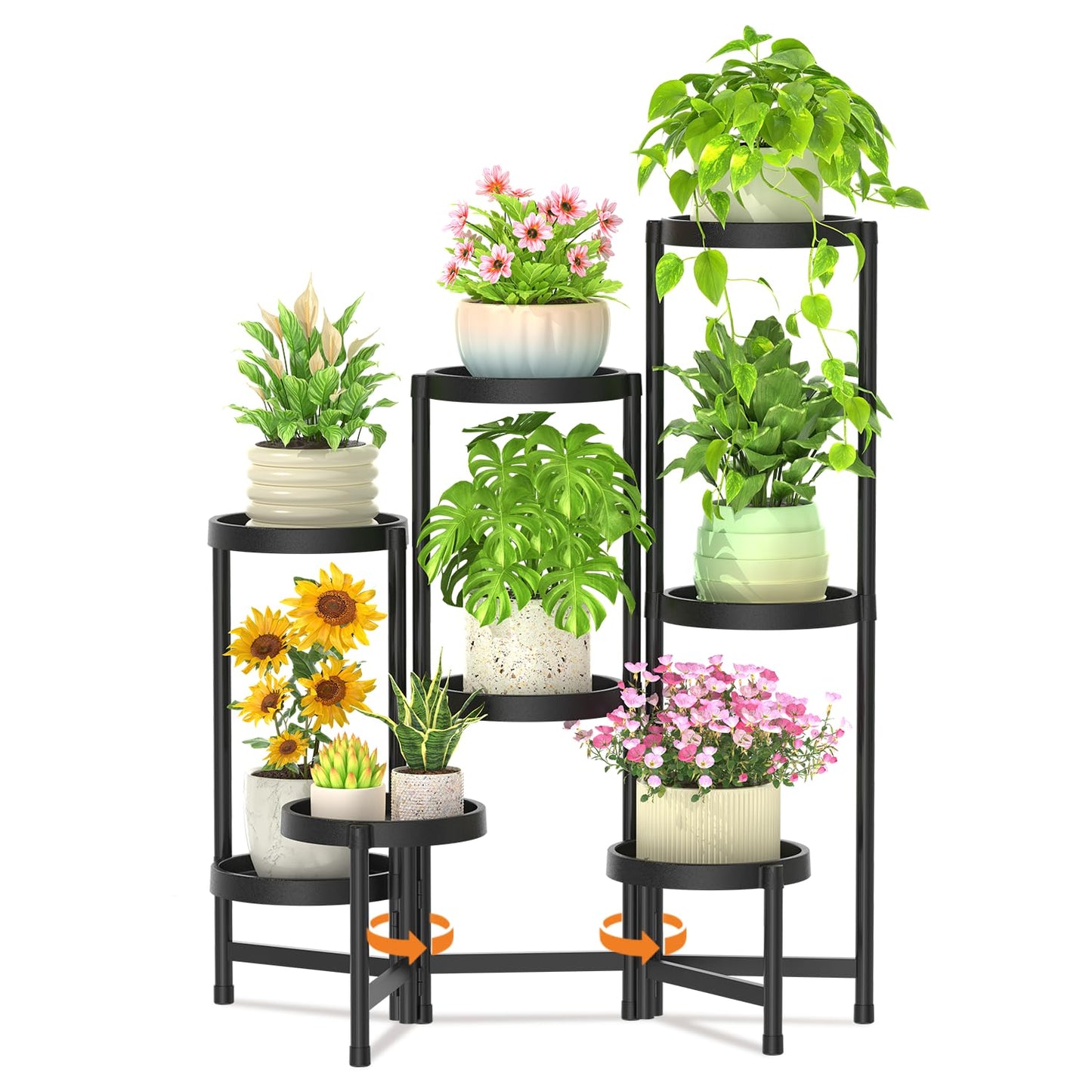 LASZOLA 8 Tiered Folding Plant Stand Indoor for Multiple Large Planter, Tall Heavy Duty Adjustable Rack with Rust Proof Plastic Shelving, Sturdy Vertical Tree Organizer for Narrow Inside Floor, Black