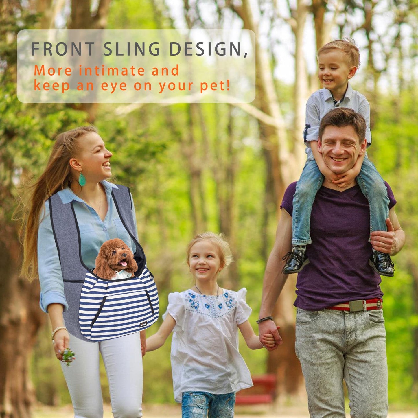 Dog and Cat Sling Carrier - Adjustable Pet Front Travel Bag With Bottom Pad for Small Pets 5-15 Lb - Blue Strip
