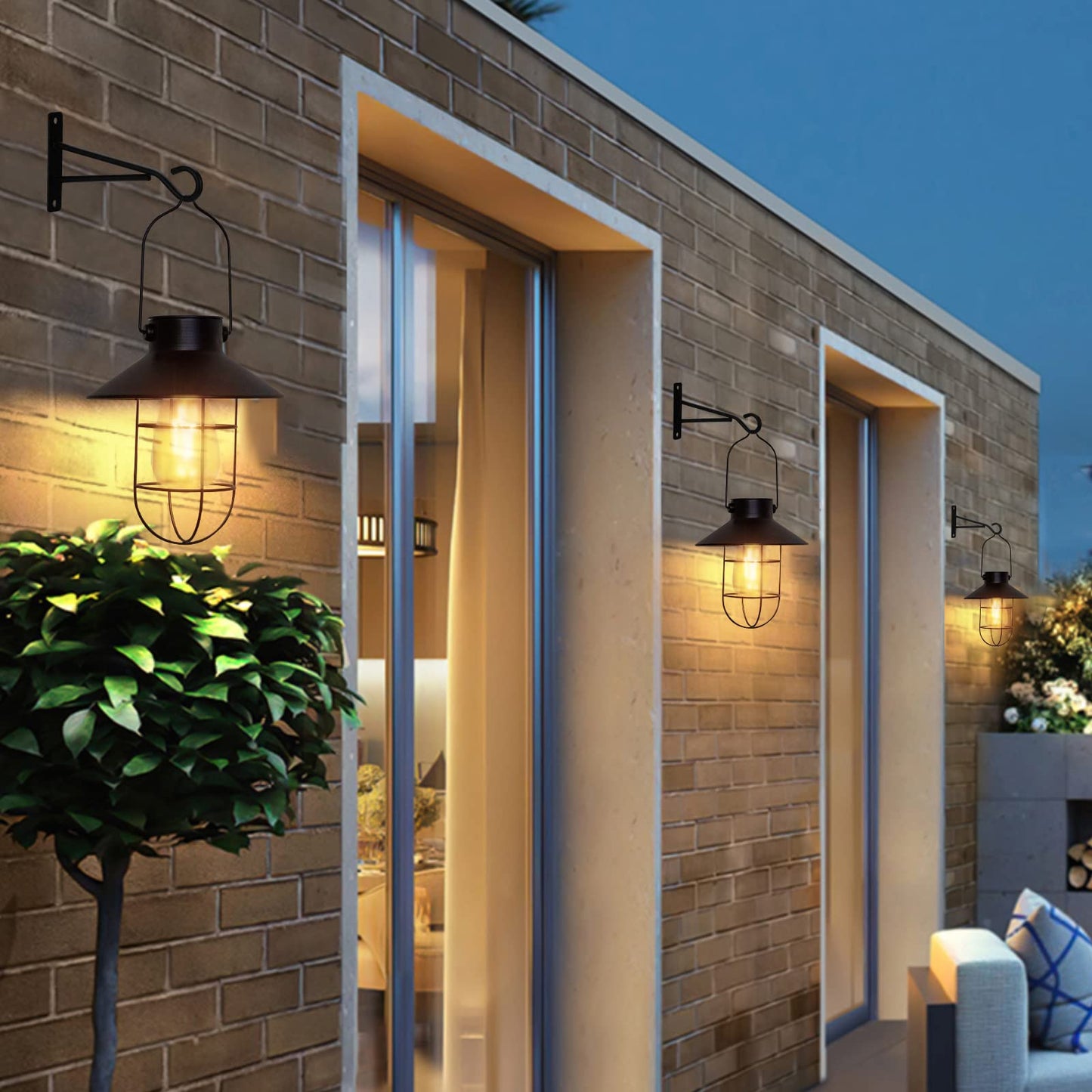pearlstar Solar Lanterns Hanging Lights Waterproof Solar Lanterns Outdoor Metal Solar Powered for Wall Yard Garden Patio Garage Balcony Porch Fence Decor, Warm White Edison Bulb(Black-2pack)