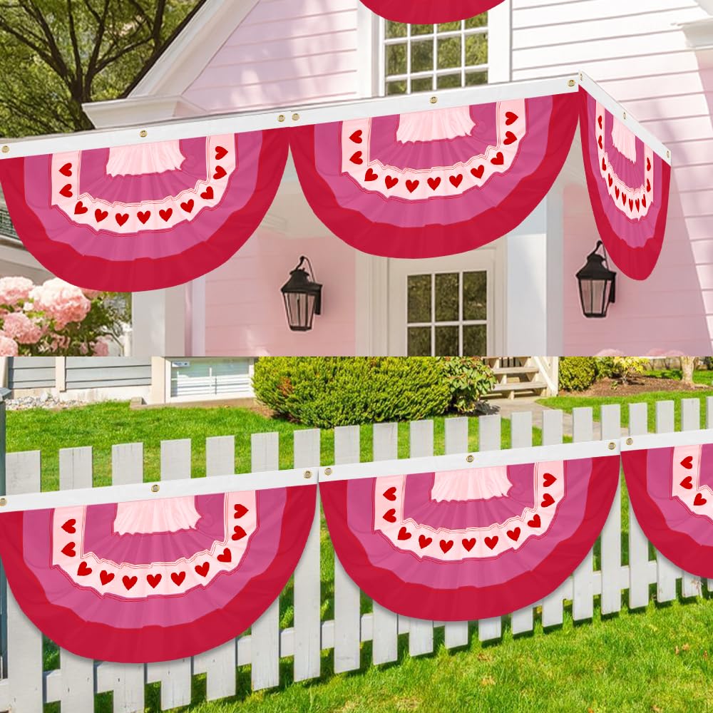 LinaGarten 4Pcs Valentine’s Day Bunting 2x4Ft Embroidered Love Heart Half Fan Bunting Flag Banner for Garden Fence, Outdoor Party, and Porch Decor