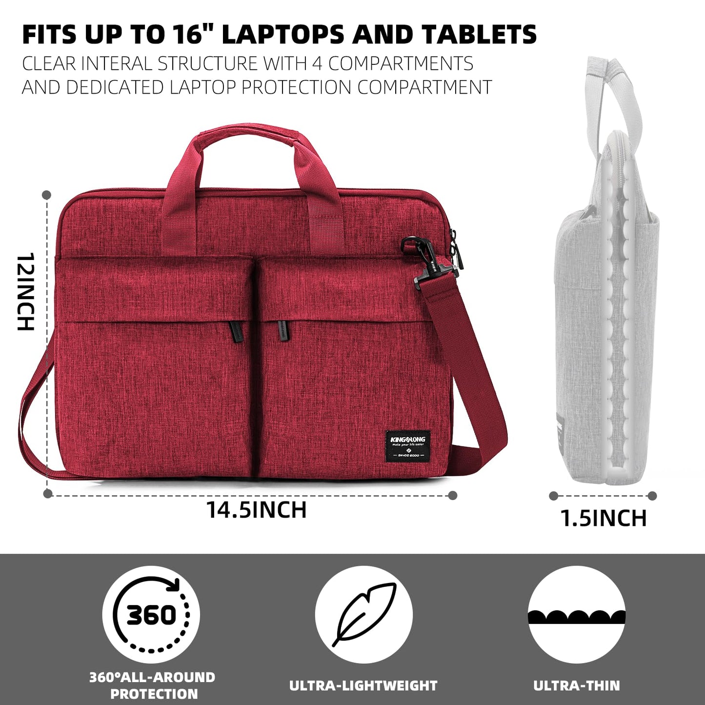 KINGSLONG 17 17.3 Inch Slim Laptop Bag Sleeve with Strap,360 Protection Computer Notebook Ultrabooks Carrying Case Handbag Cover for Men Women Fit for Acer Asus Dell Lenovo HP Toshiba ect, Red