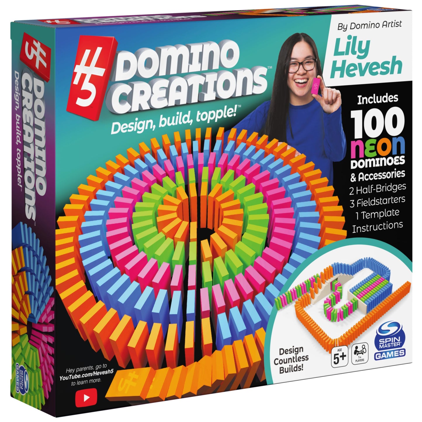 Spin Master Games, Lily Hevesh H5 Domino Creations 100-Piece Neon Dominoes Set, Building Toys for Kids & Family, Classic Activity Game, 1 & Up Players, for Ages 5 & Up