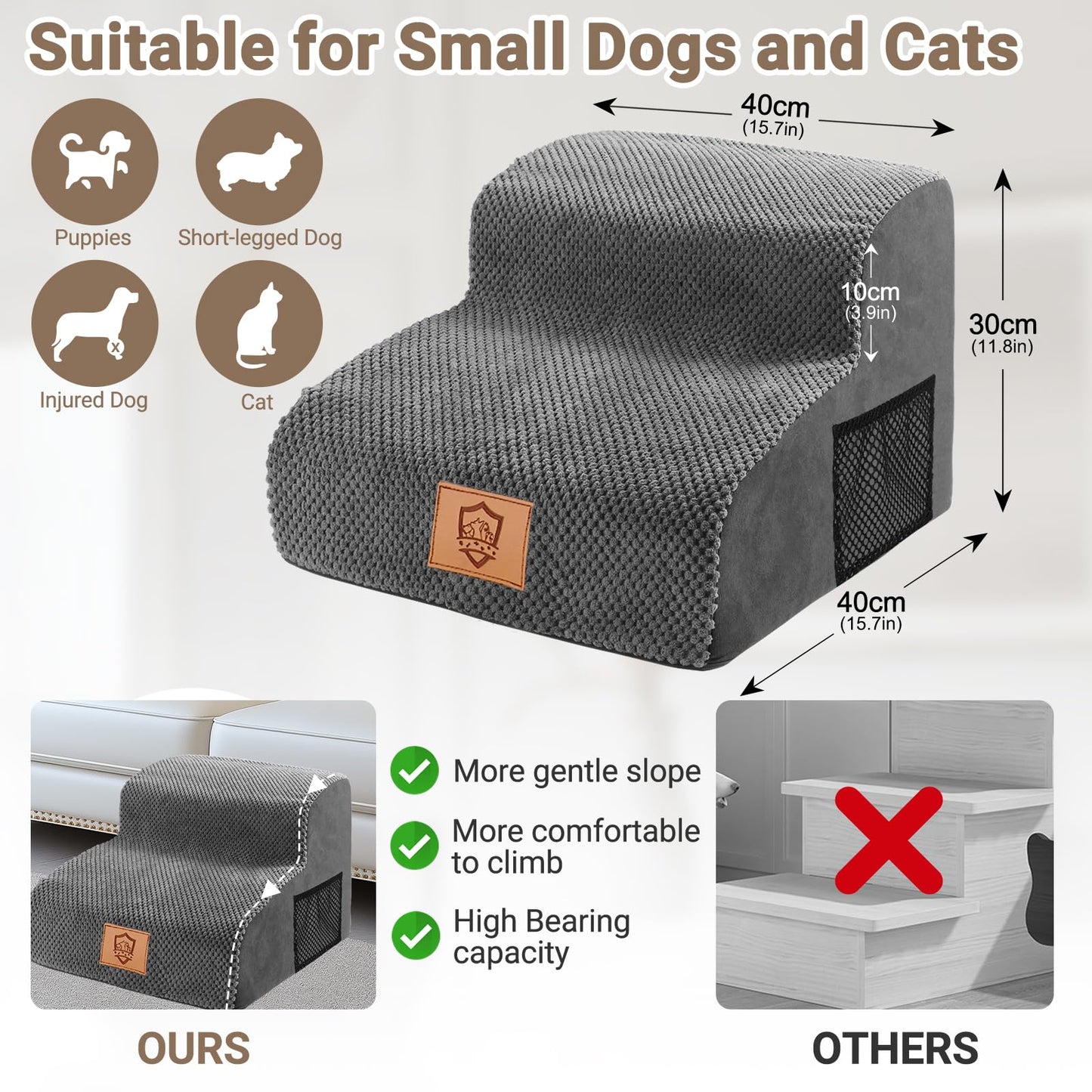 Almcmy 2-Step Dog Stairs for High Bed, Foam Pet Stairs with Removable Washable Cover, Non-Slip Dog Steps Ramp for Small & Older Dogs, Holds Up to 50 lbs, Grey