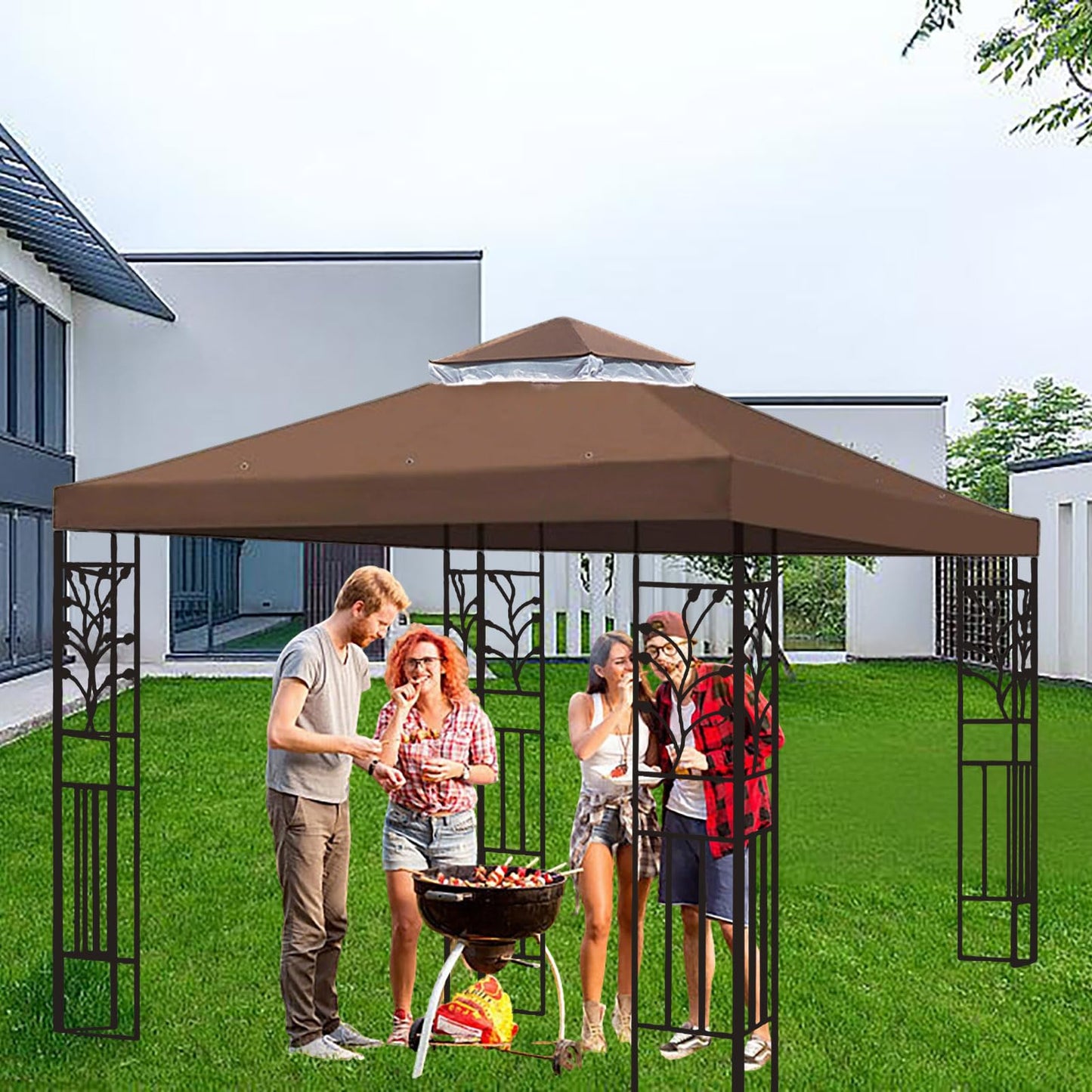 8'x8' Gazebo Canopy Replacement Top, 2 Tier Outdoor Waterproof Gazebo Canopy Cover with Drainage Hole, for Outdoor Patio Backyard Garden Lawn Sun-Shelter (Brown)