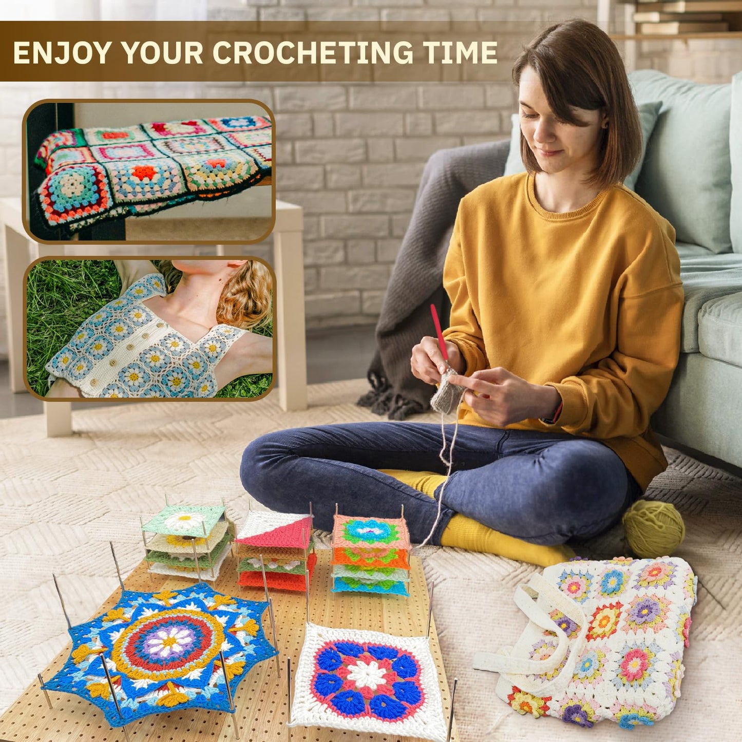 SGIBYN 18" x 18" Crochet Blocking Board 4-in-1, Magnetic Splicing Crochet Granny Square Blocking Board with 40 5.9" Pegs, Large Blocking Boards Mats for Crochet Knitting Projects,Gifts for Crocheters