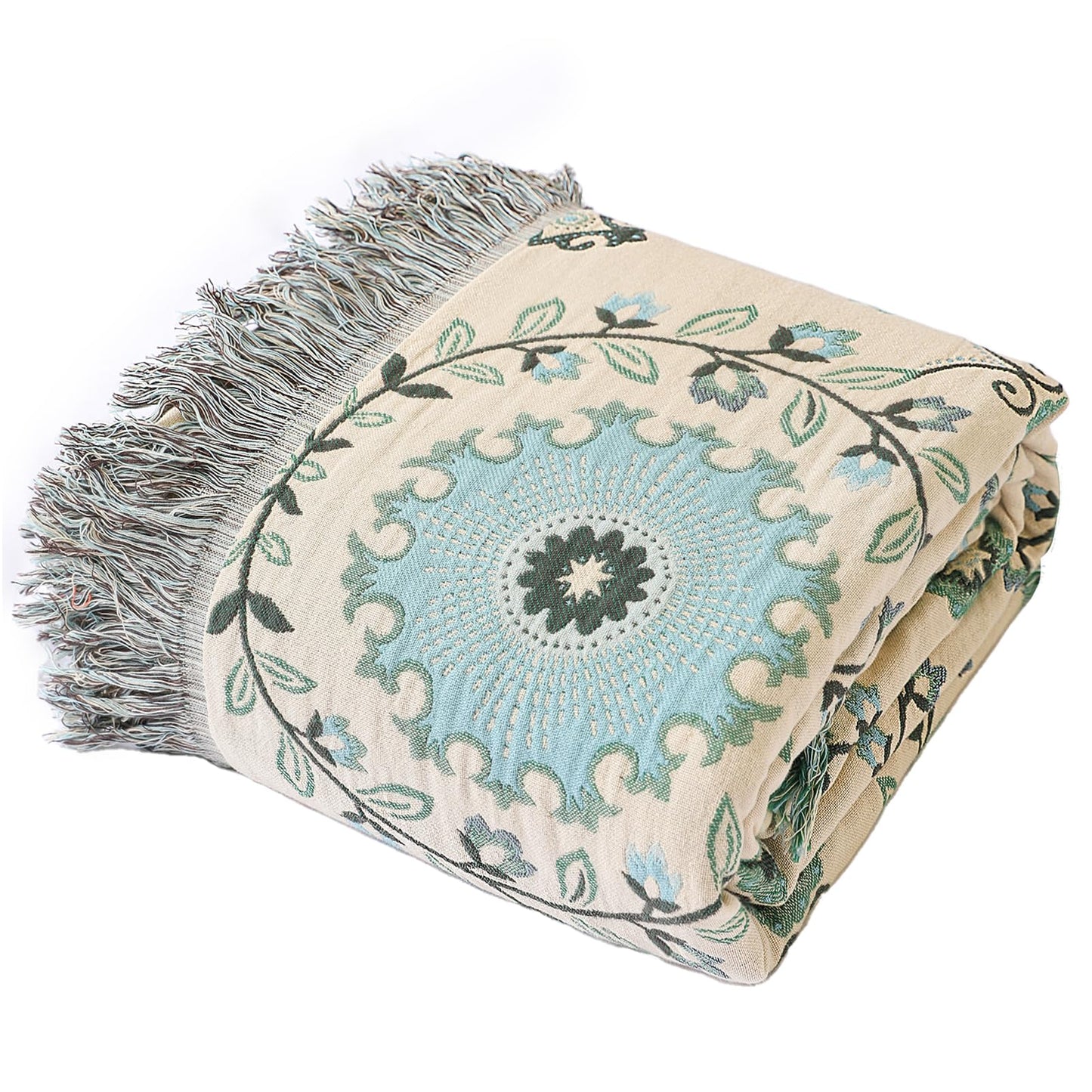 Snycler Boho Throw Blanket for Bed - 100% Cotton Ultra Soft Rustic Quilt - Blue Boho Floral Printed Farmhouse Decor Bed Blankets, 80"×90" All Season Rustic Throw for Sofa Couch Chair