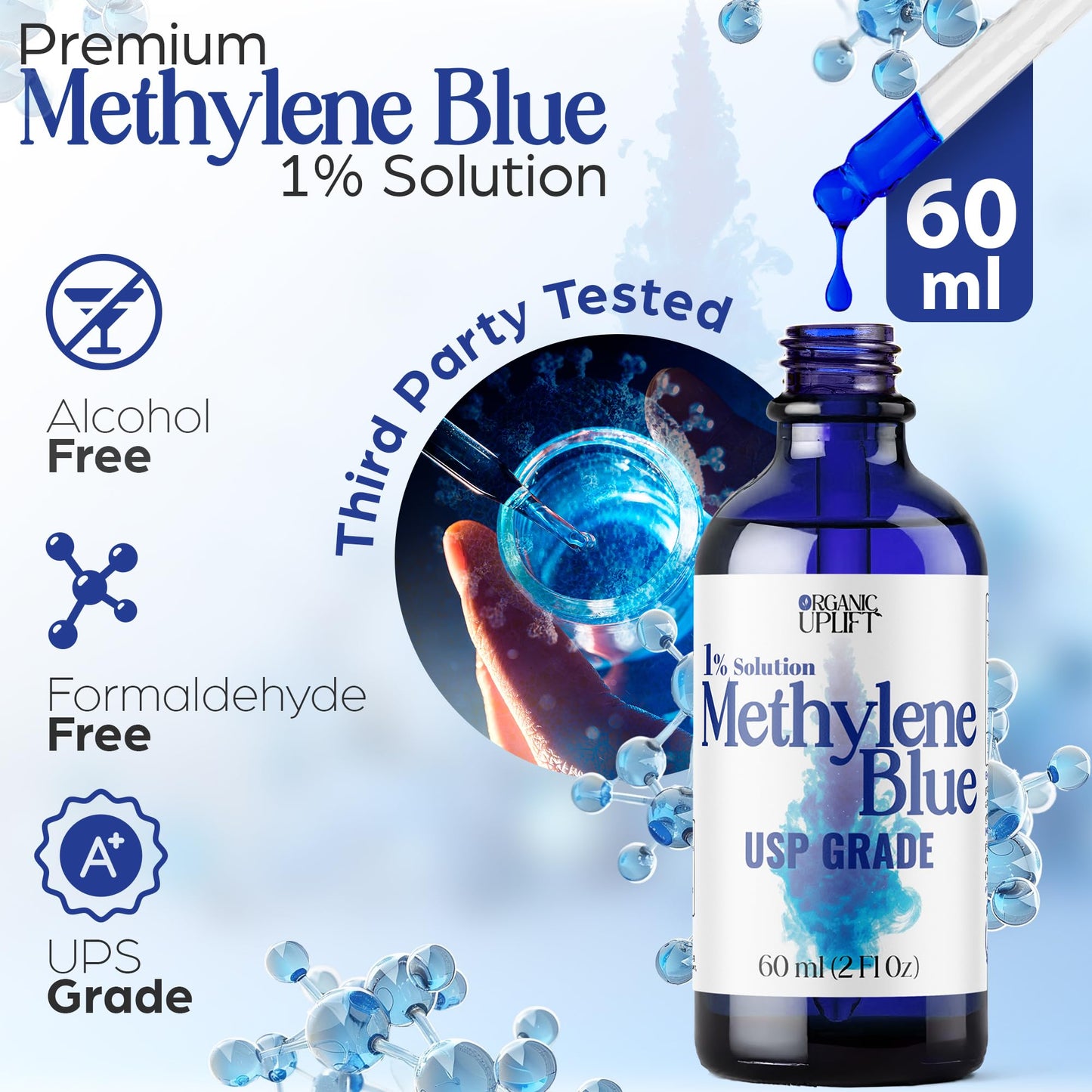 (2 Pack) Methylene Blue Canada, 1% Aqueous USP Grade Solution, Ultra High Purity, Formaldehyde Free, Amber Glass Bottle with Graduated Dropper, Includes Certificate.