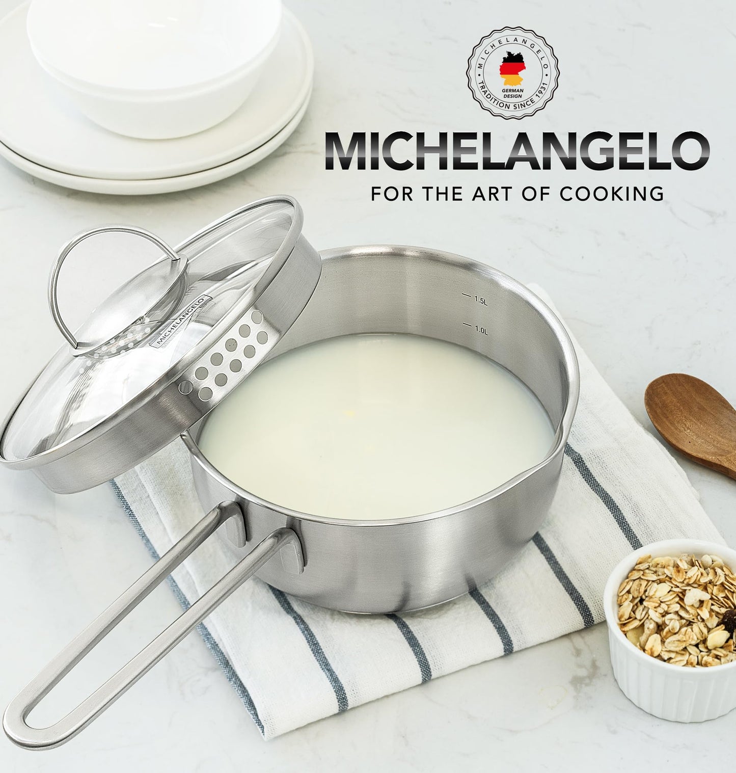 MICHELANGELO Stainless Steel Saucepan Set with Lid & Pour Spout 1QT & 2QT & 3QT, Tri-Ply Bottom Sauce Pan Set, Sauce Pot Set - 6 Pcs