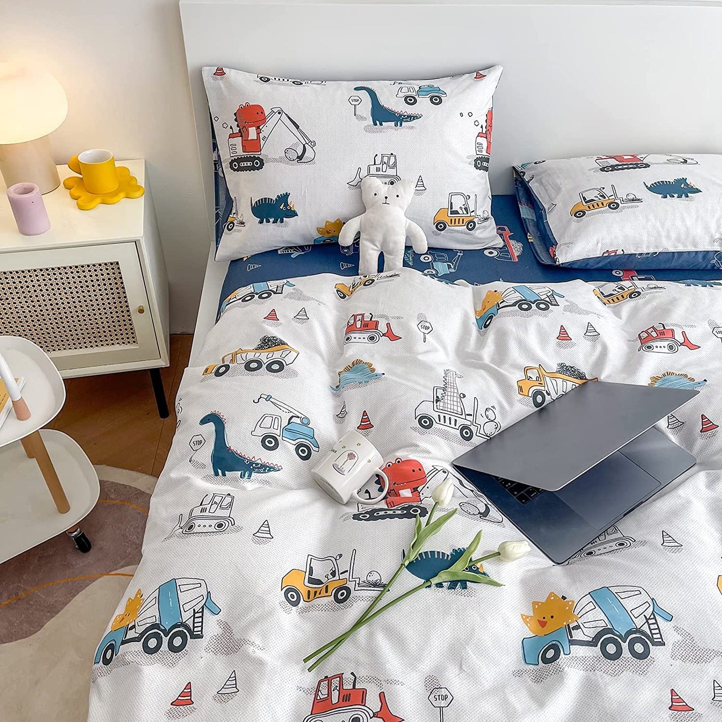 DJY Dinosaur Kids Duvet Cover Set Full Size, 100Percent Cotton Dino Truck Car Bedding Set for Boys Girls, 3 Pieces Reversible Dinosaur Comforter Cover Set (1 Duvet Cover+2 Pillowcases)