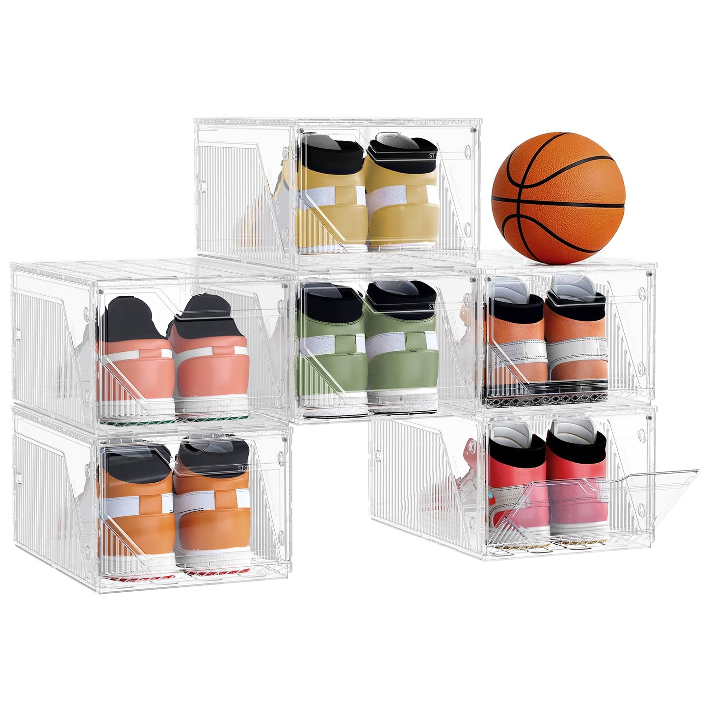SONGMICS Shoe Boxes Set of 6, Stackable Clear Plastic Shoe Storage, Secure Vertically or Horizontally, Plastic Organizers with Magnetic Doors, up to US Size 12, Cloud White ULSP806WH01