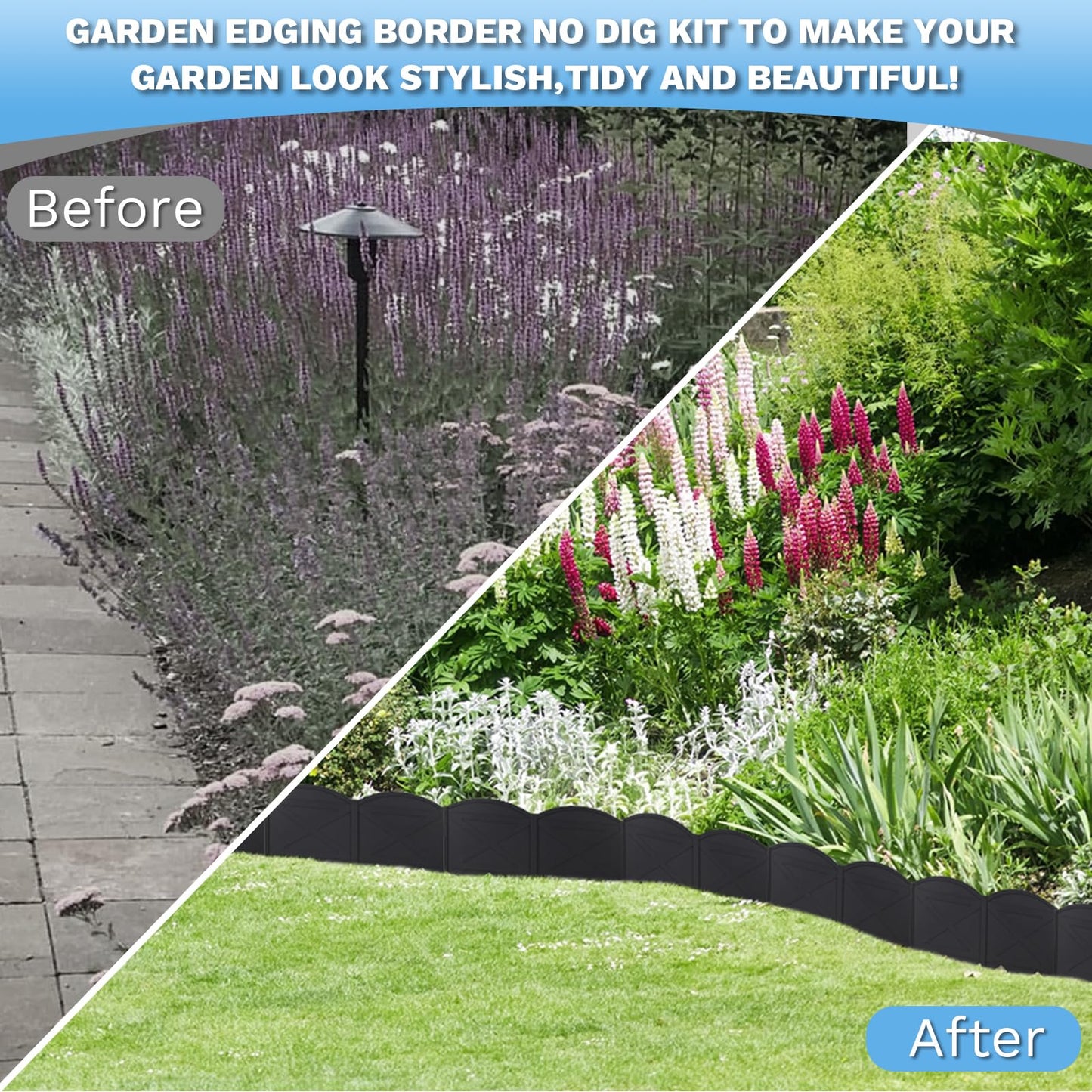 Vashly 20Pcs Black Garden Edging Border, Plastic Garden Edging with 20Ft Length and 20Pcs Anchoring Stakes Kit for Lawn, Flower Garden, Outdoor Patio, Pathway