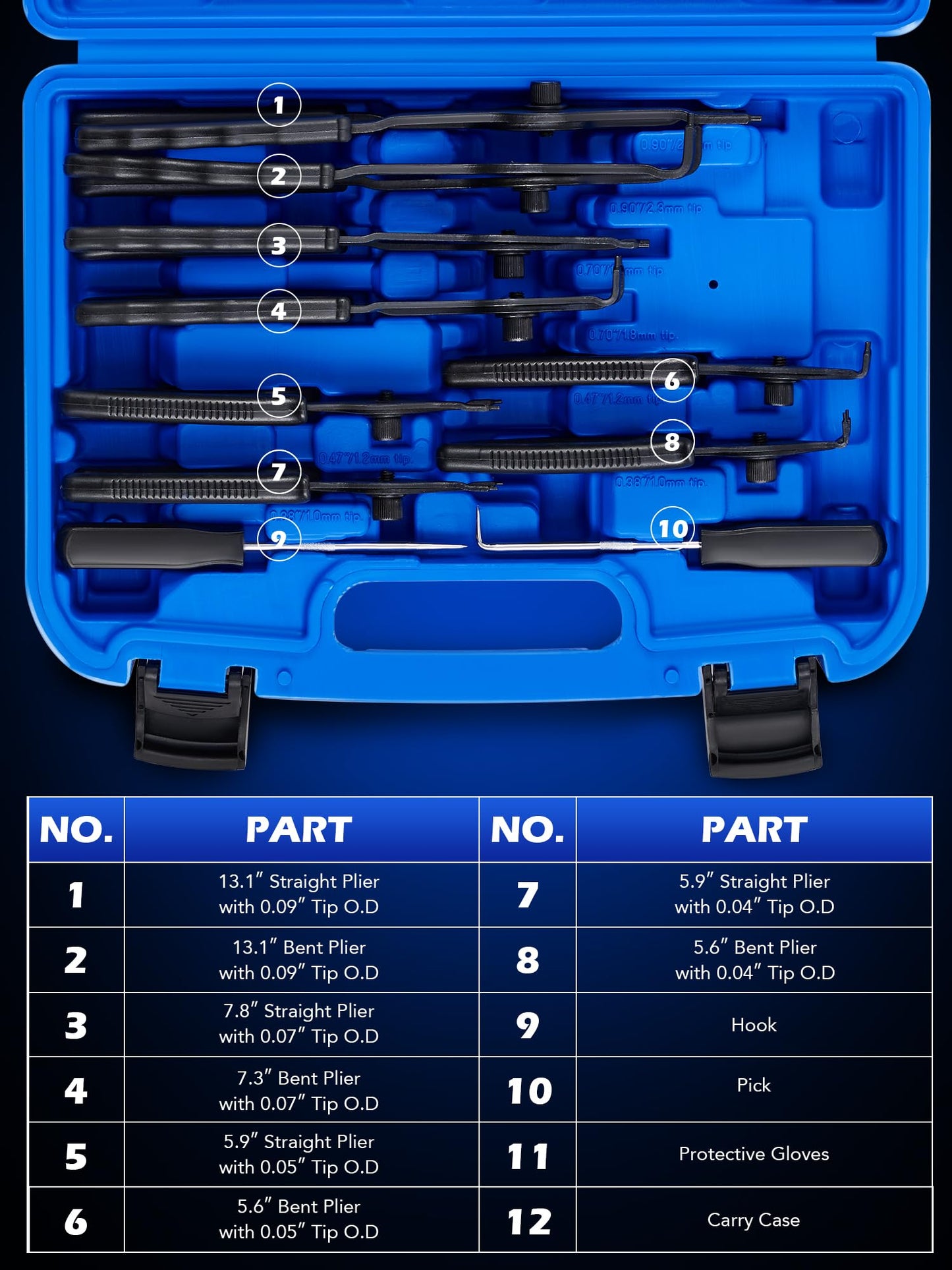 Orion Motor Tech 10pc Snap Ring Pliers Set, Internal & External Circlip Pliers With Bent & Straight Pliers, Hook Pick, Heavy Duty Removal Tool, Storage Case & Gloves