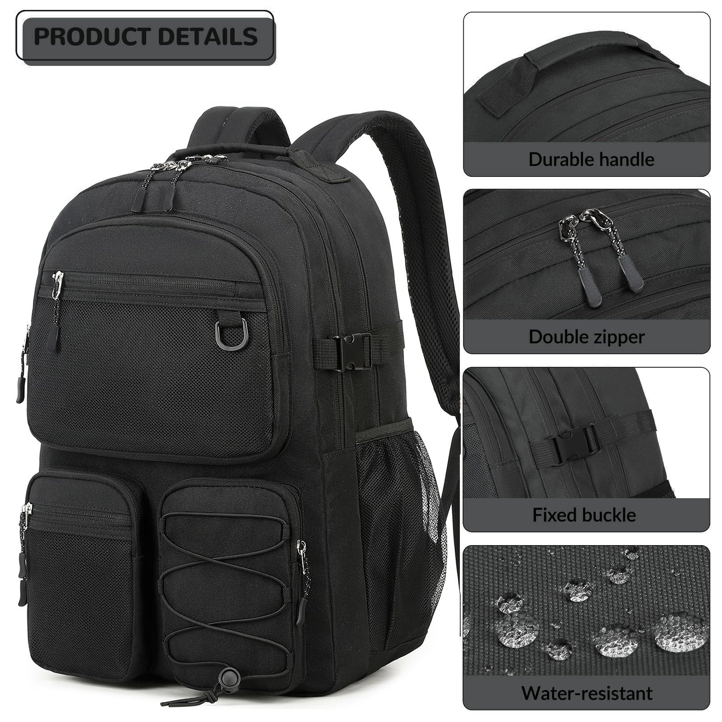 Lohol Water Resistant Daypack with Mulitiple Pockets for Travel Outdoor College, 15.6 inch Laptop Backpack for Men and Women, Black, Large, Daypack Backpacks
