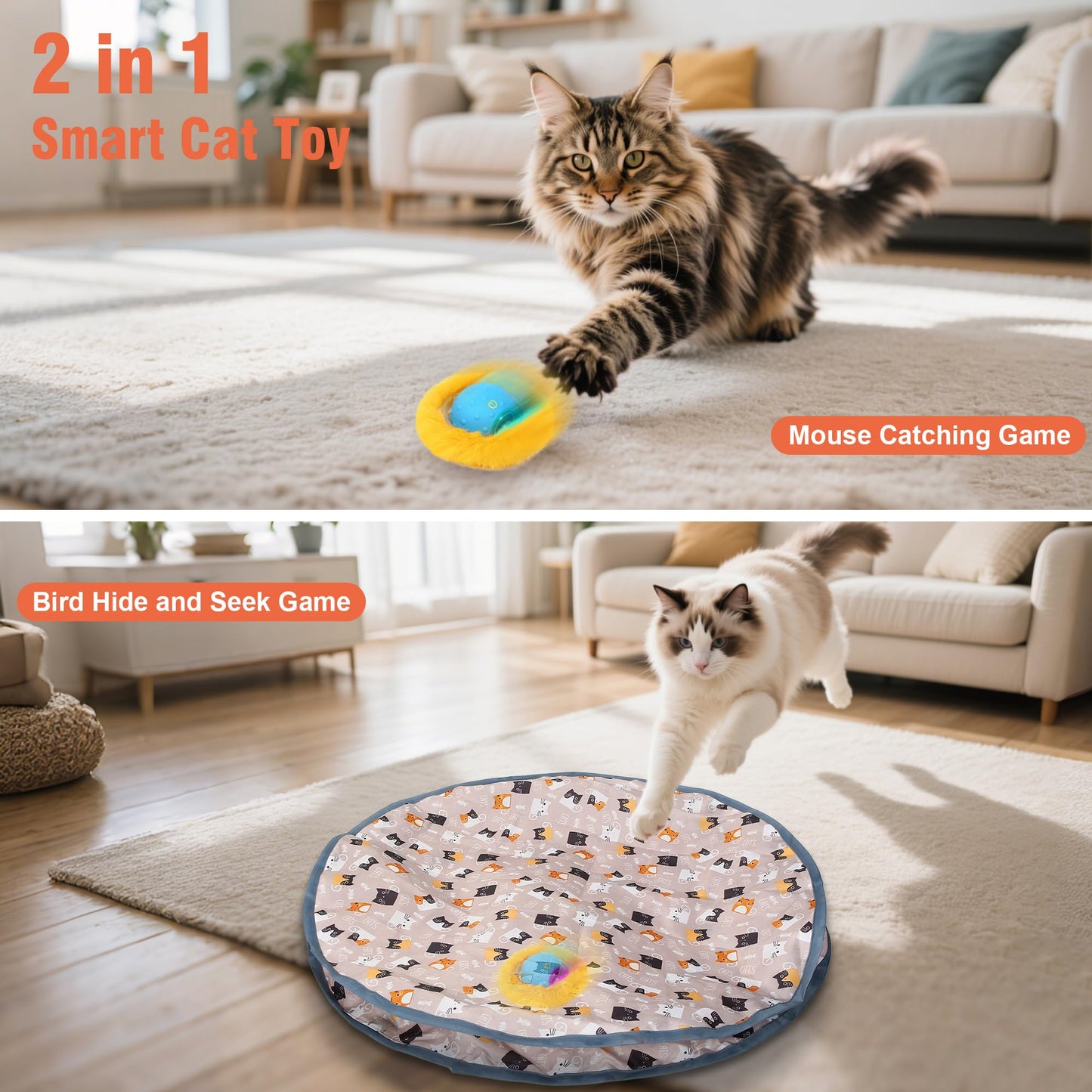 IOKHEIRA Interactive Cat Toy for Indoor Cats, Hide and Seek Cat Toy with Light&Chirping Bird, Automatic Rolling Cat Ball in Pocket, Motion Activated Kitten Toys, Jouet Pour Chat for Cat Enrichment