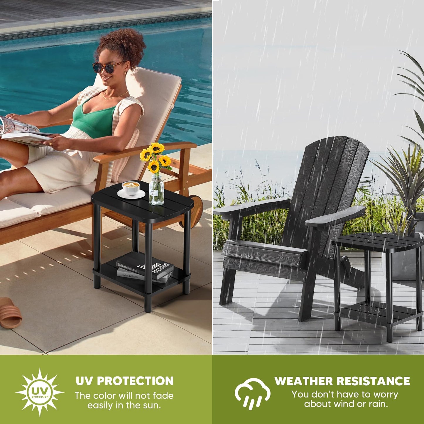 Outdoor Side Table, 2-Tier Small Outdoor Table for Patio, Adirondack Side Table for Outside or Indoor, Bamboo End Table for Pool, Porch, Weather Resistant Easy Maintenance(Dark Black)