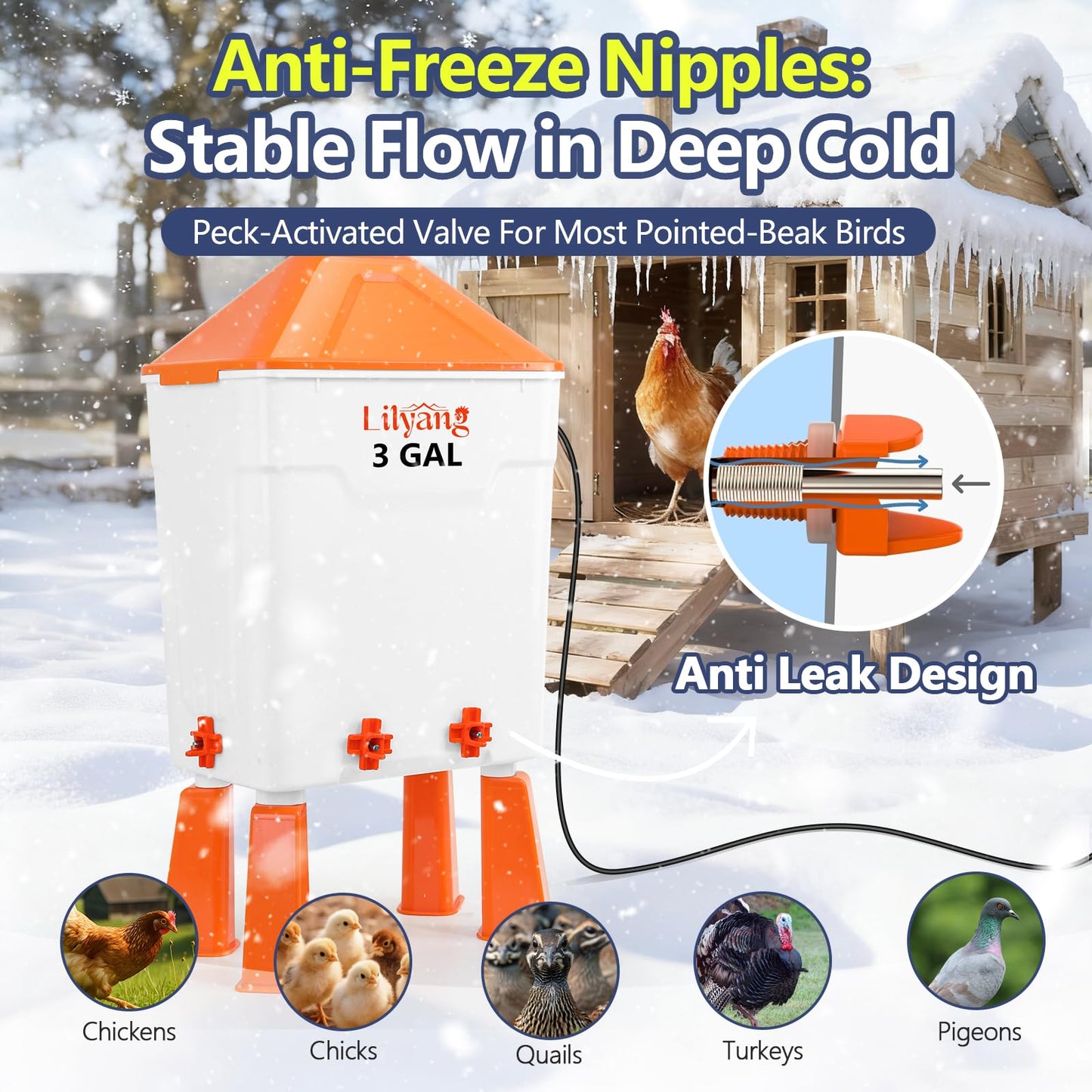 Lilyang Heated Chicken Waterer 3 Gallon, 250W Chicken Water Heater with Thermostat Control, Freeze-Proof Poultry Drinker for Winter, Hanging/Standing Use
