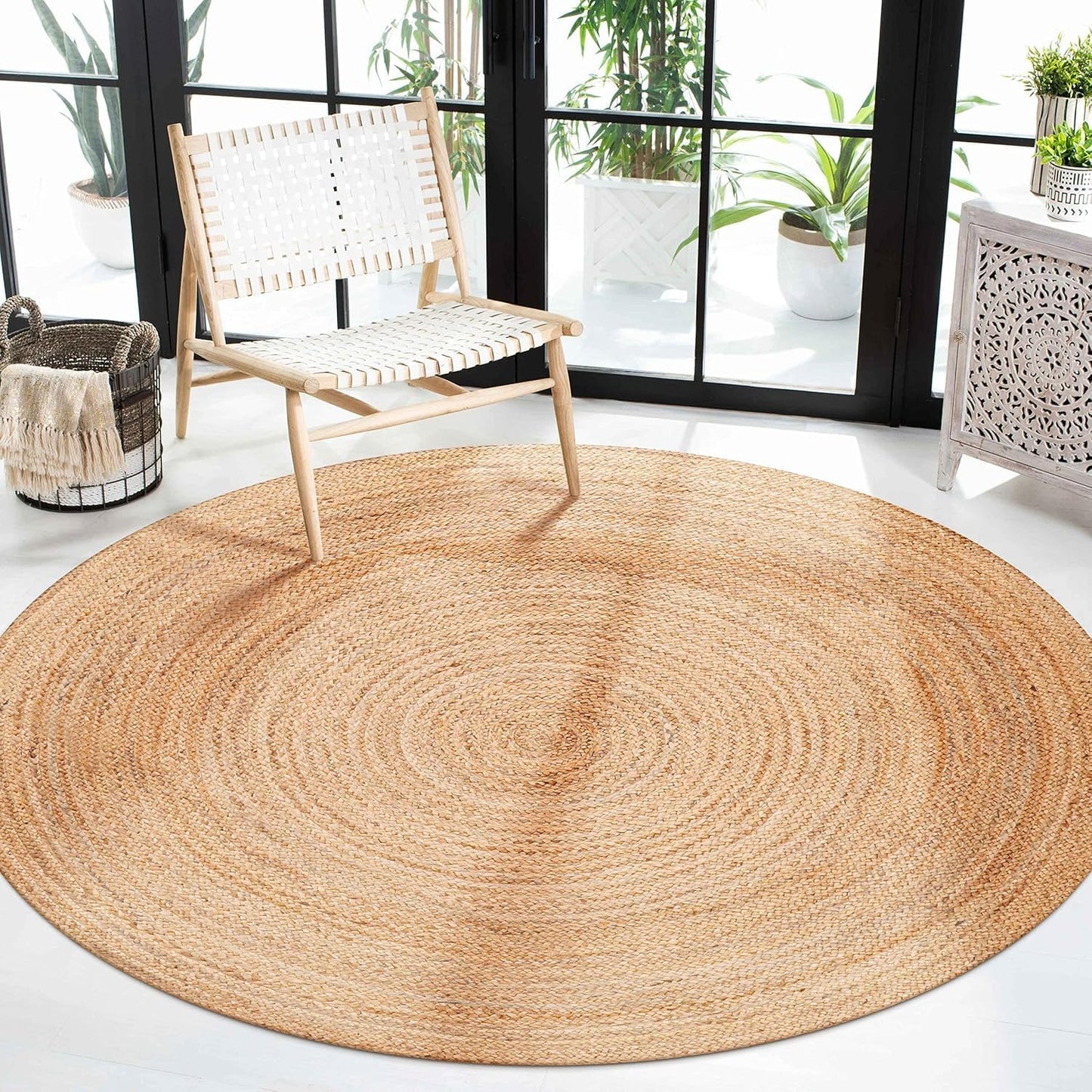 Craft Trade Round Jute Area Rug for Living Room Bedroom Outdoor Boho Hallway Indoor Braided Woven Reversible Floor Rag Rugs 5 Ft Natural