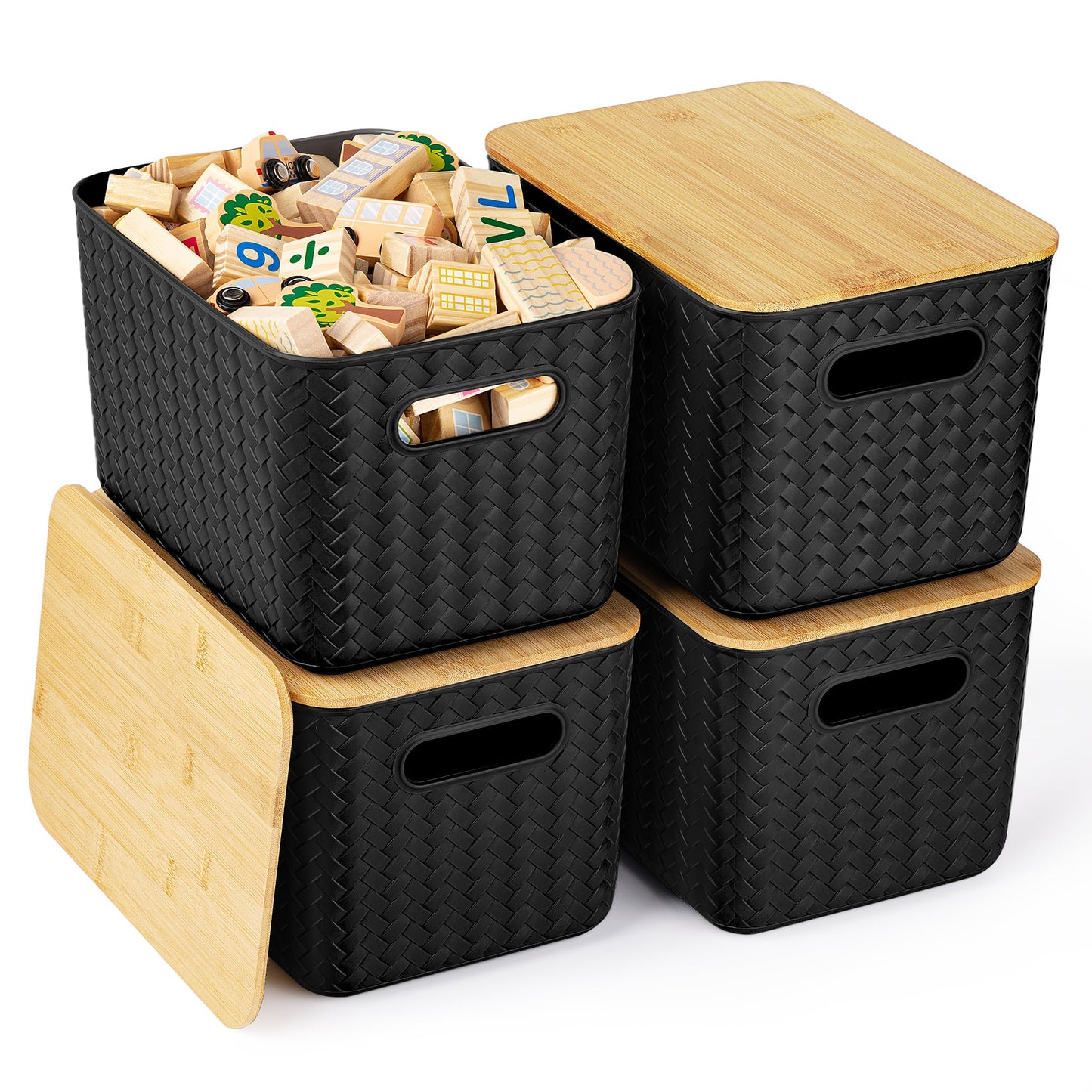 4 Packs Storage Bins with Bamboo Lids - Plastic Storage Containers with Lids Stackable Storage Box:Storage Baskets for Organizing Desktop Closet Playroom Classroom Office (Black)