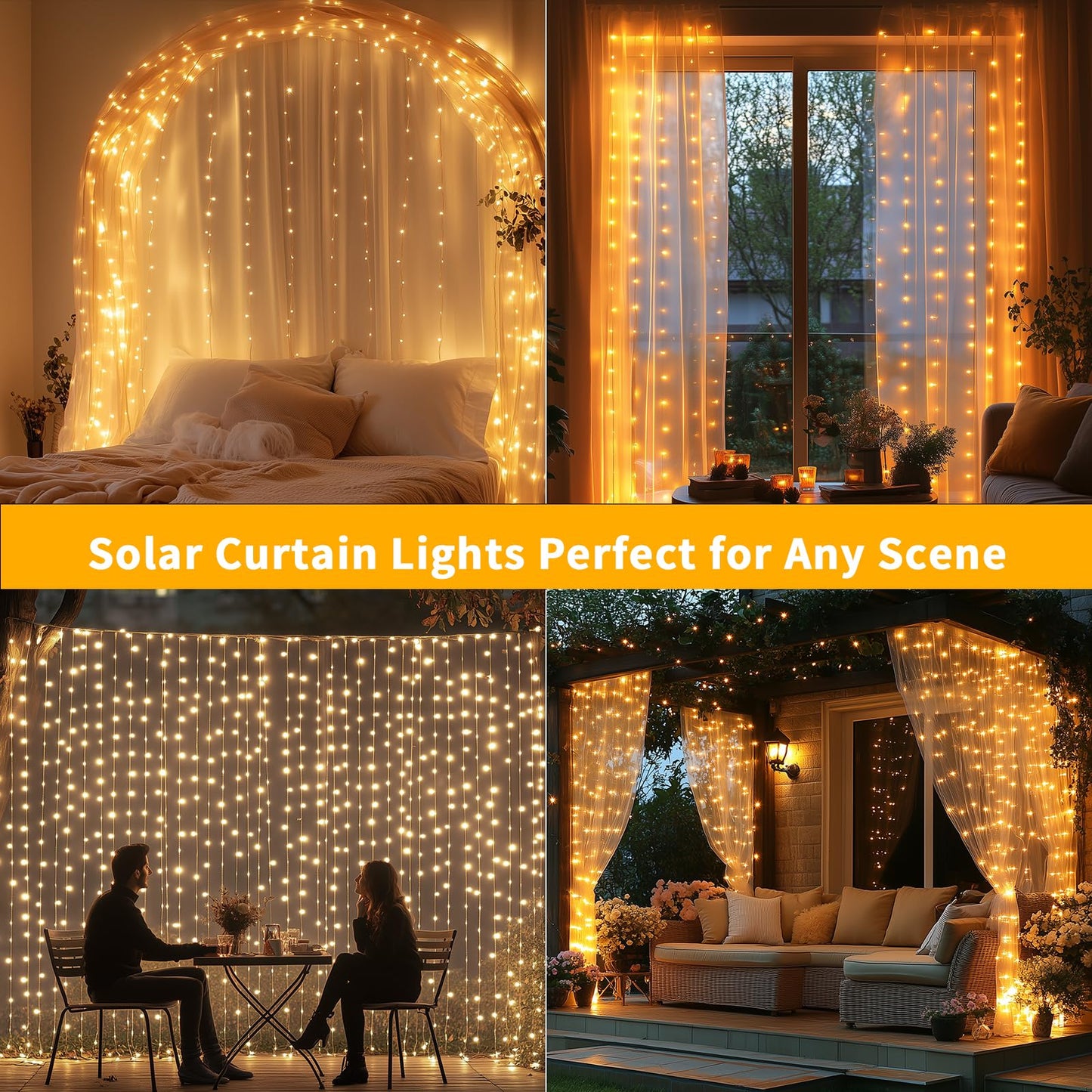 Adericher Solar Curtain Lights 10x10Ft 300LED Waterfall Lights with USB Rechargeable Waterproof Remote 8 Modes Timer Hanging Twinkle Fairy String Lights for Wedding Pergola Gazebo Bedroom Christmas