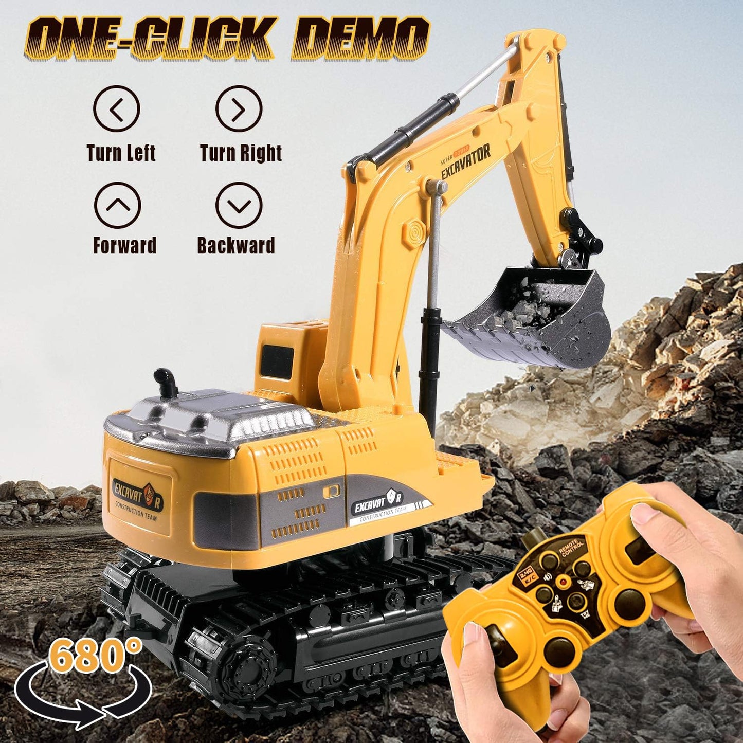 ID Gerilla Remote Control Excavator Toy, RC Construction - Metal Shovel Digger Vehicles with Lights Sounds and 680° Rotation Digging Sand, Birthday Gifts for 3 4 5 6-10 + Year Old (11CH Excavartor)