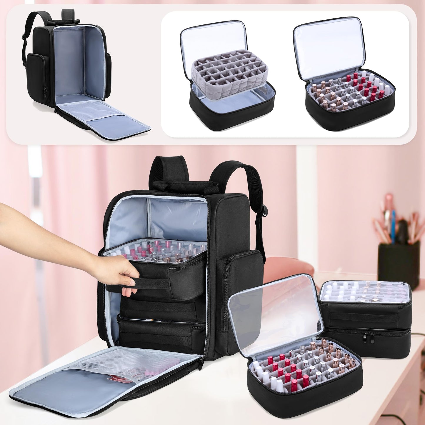 BAFASO Nail Polish Organizer Backpack Holds 105 Bottles (15ml - 0.5fl.oz) and a Nail Lamp, Nail Polish Backpack with 3 Removable Pouches and Multiple Tools Storage Pockets (Patented), Black, Bag Only