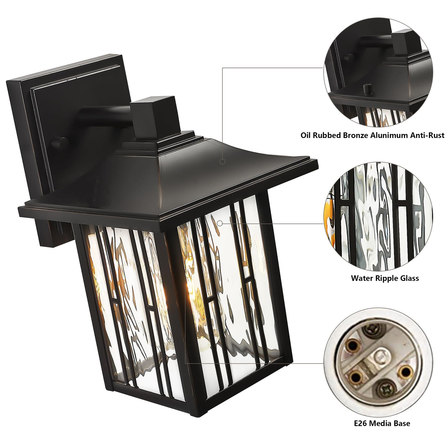 OUPAVOCS Modern Outdoor Wall Lights, Exterior Porch Lights Fixture Wall Mount, Waterproof Outside Wall Sconce with Water Ripple Glass, Oil Rubbed Bronze Patio Wall Lantern for Garage, House, 1 Pack