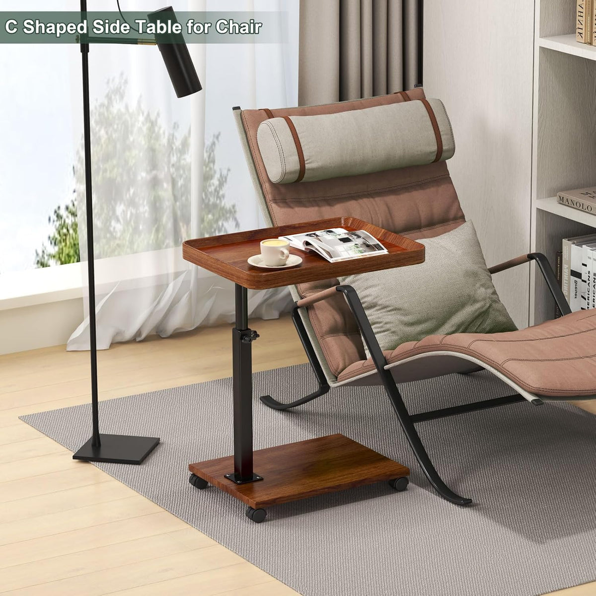 Premium Adjustable C-Shaped TV Tray Sofa Side Table with Wheels – Couch Tray for Snacks, Food, TV, Bed, Bathroom, or Study Use (Brown)