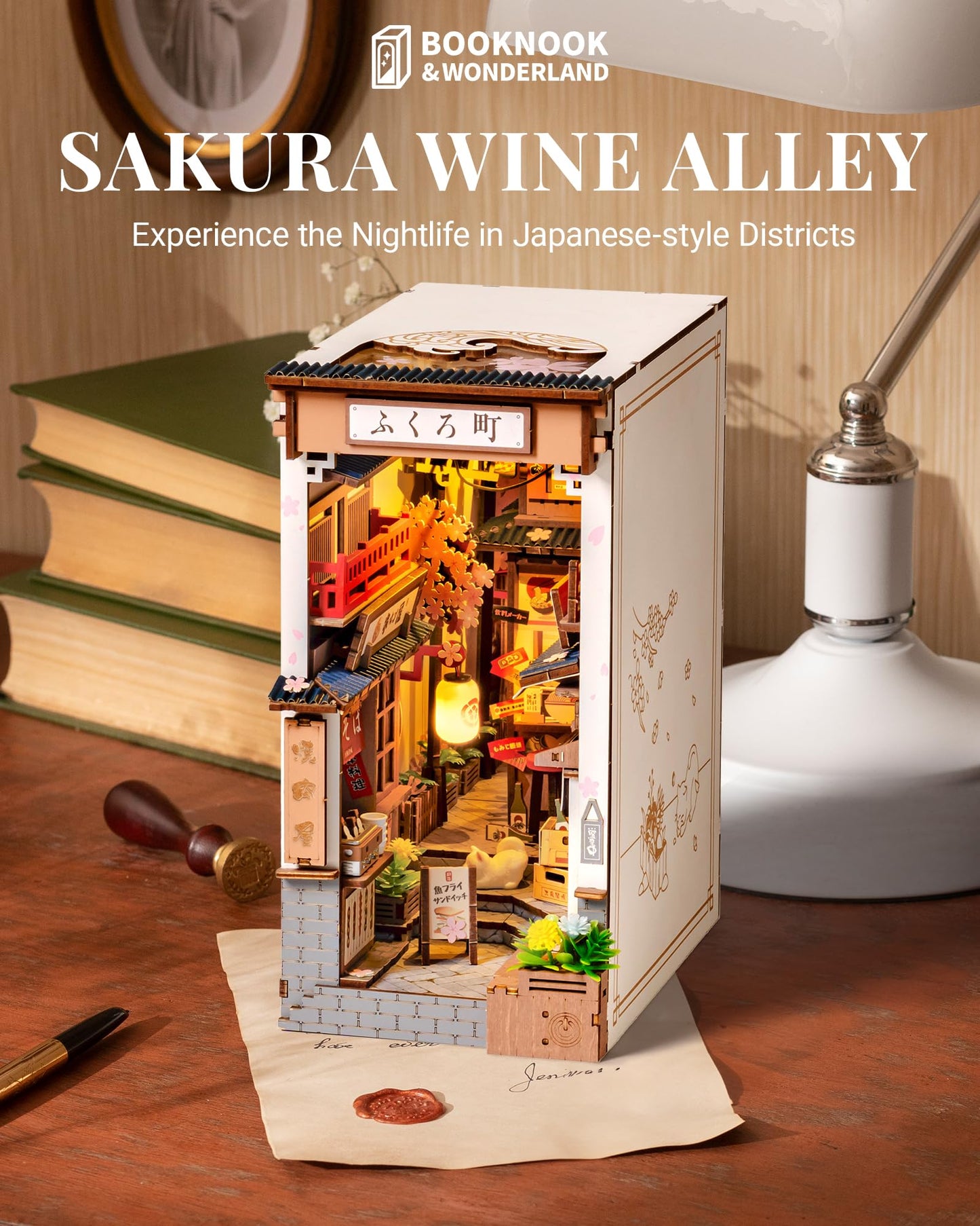 ROBOTIME Book Nook Kit DIY Miniature House Kit for Adults 3D Wooden Puzzle Bookends Bookshelf Diorama Insert Dollhouse Creative Decorative Unique Gifts for Teens and Beginners (Sakura Wine Alley)