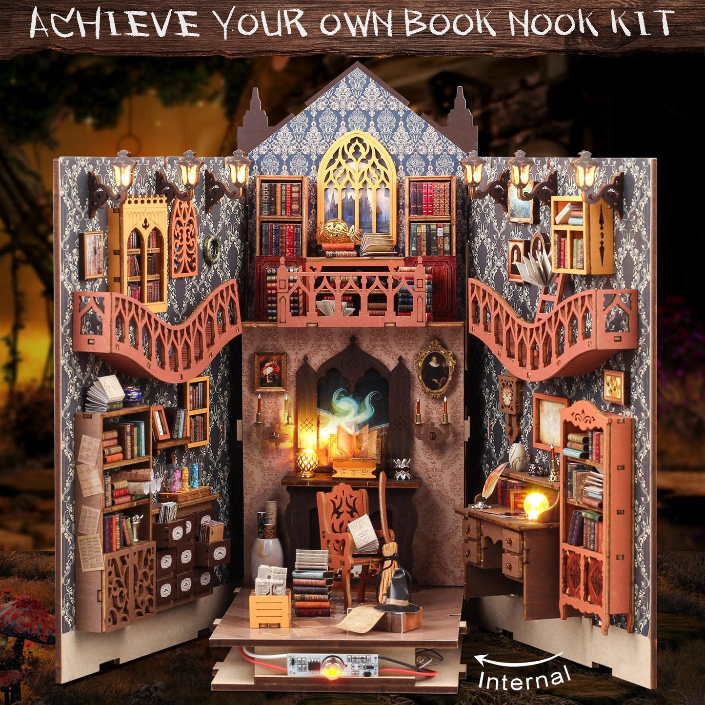 DIY Book Nook Kit: 3D Wooden Puzzle Shelf Insert with LED Light - Miniature Dollhouse Bookend Decor for Adults and Teens - Creative Gift,Not Including Glue (Style A)