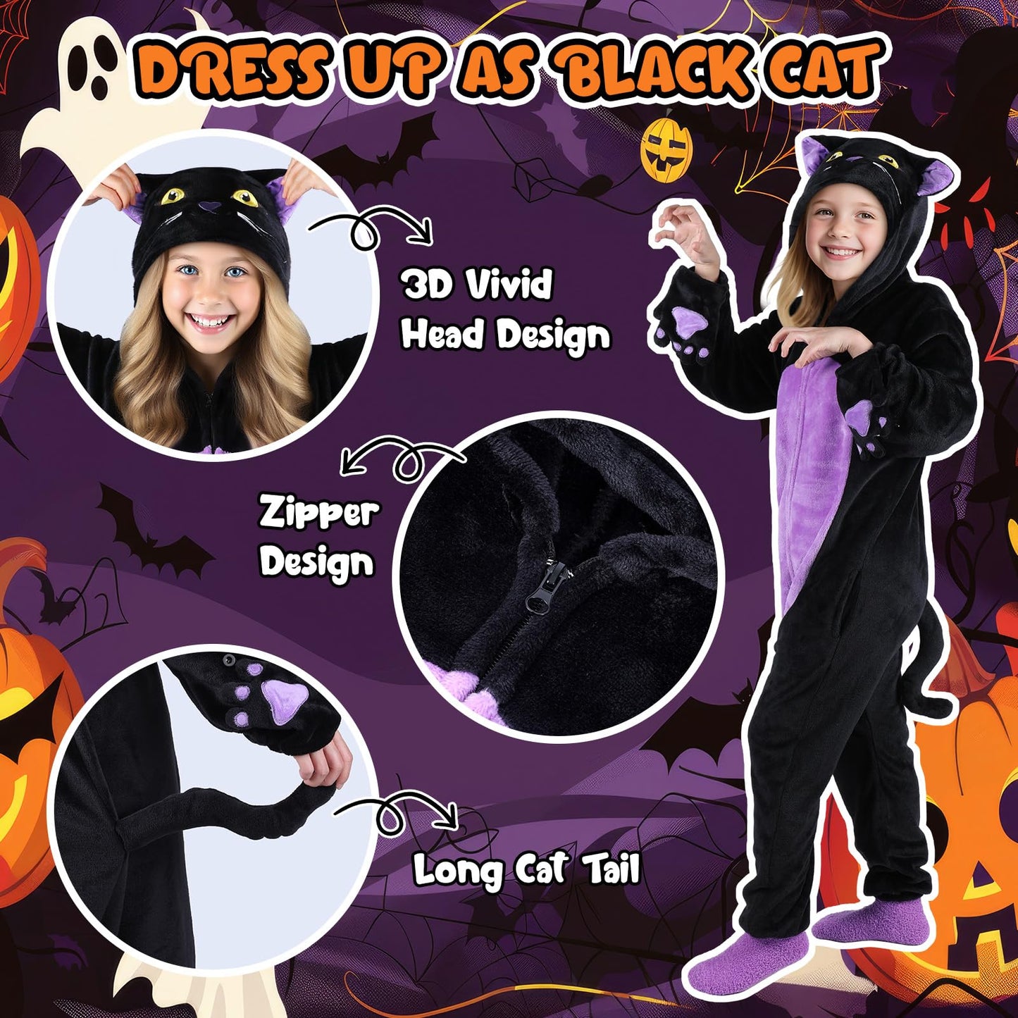 Black Cat Costume for Girls, Kids Hooded Cat Noir Onesie with Purse Bag, Girls Halloween Costumes for Kids Age 5-10