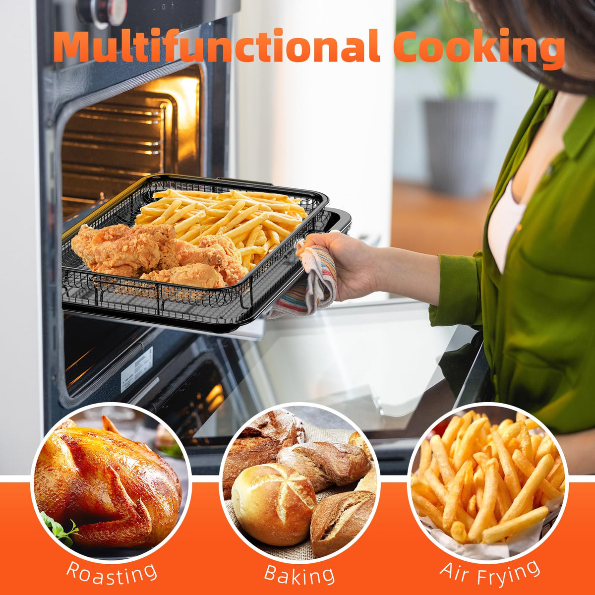 Air Fryer Basket, 2 Set Air Fryer Pans and Tray for Oven with 60 PCS Parchment Papers, Demaxia Non-Stick Stainless Steel Oven Air Fryer Basket and Tray (15.8" x 11" & 13" x 9.7"-Black)