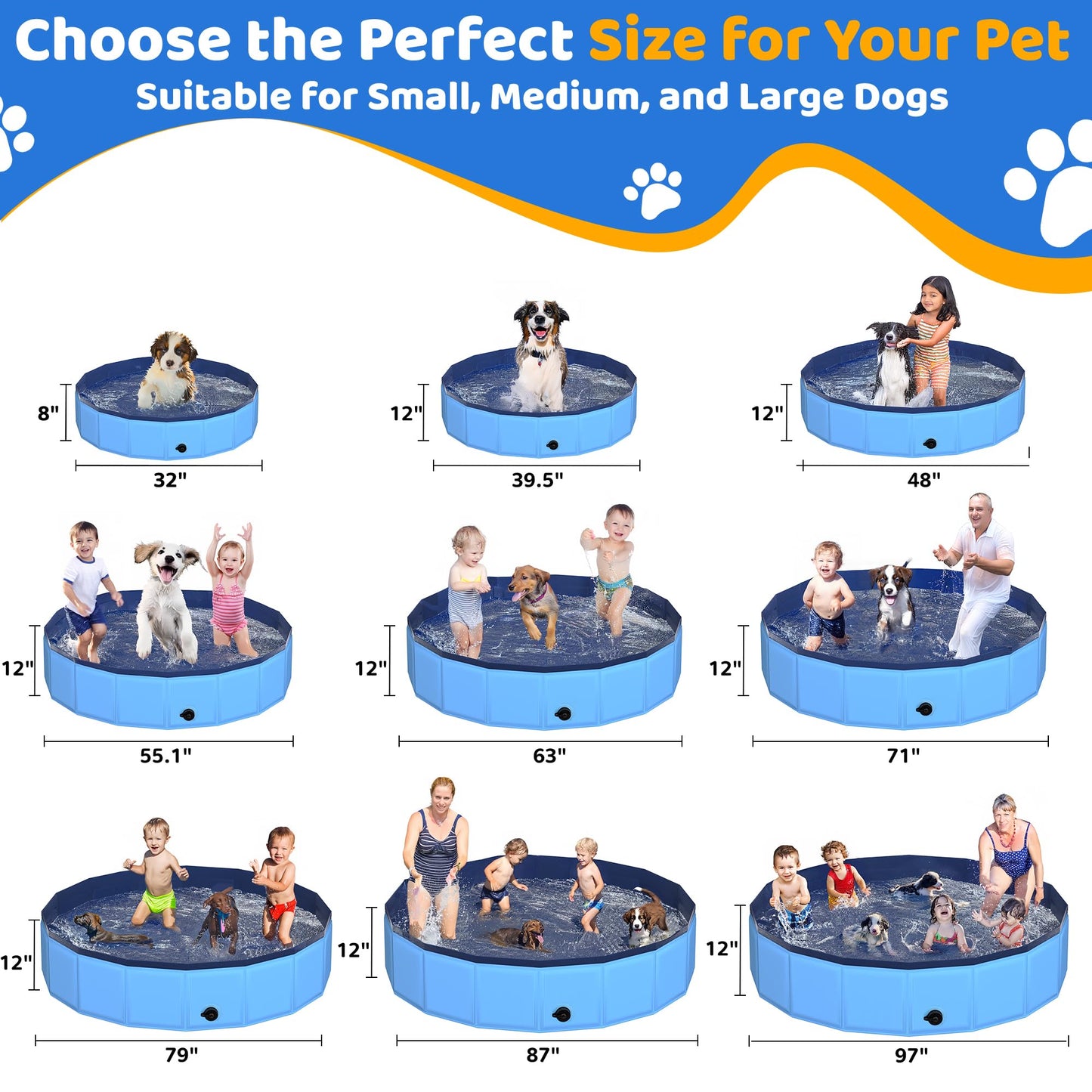 CACSPS 71" x 12" Foldable Dog Pool - Collapsible Hard Plastic Kiddie Pool for Dogs & Kids, Non-Slip Pet Bath Tub for Outdoor Backyard Use, Lightweight & Portable (Blue)
