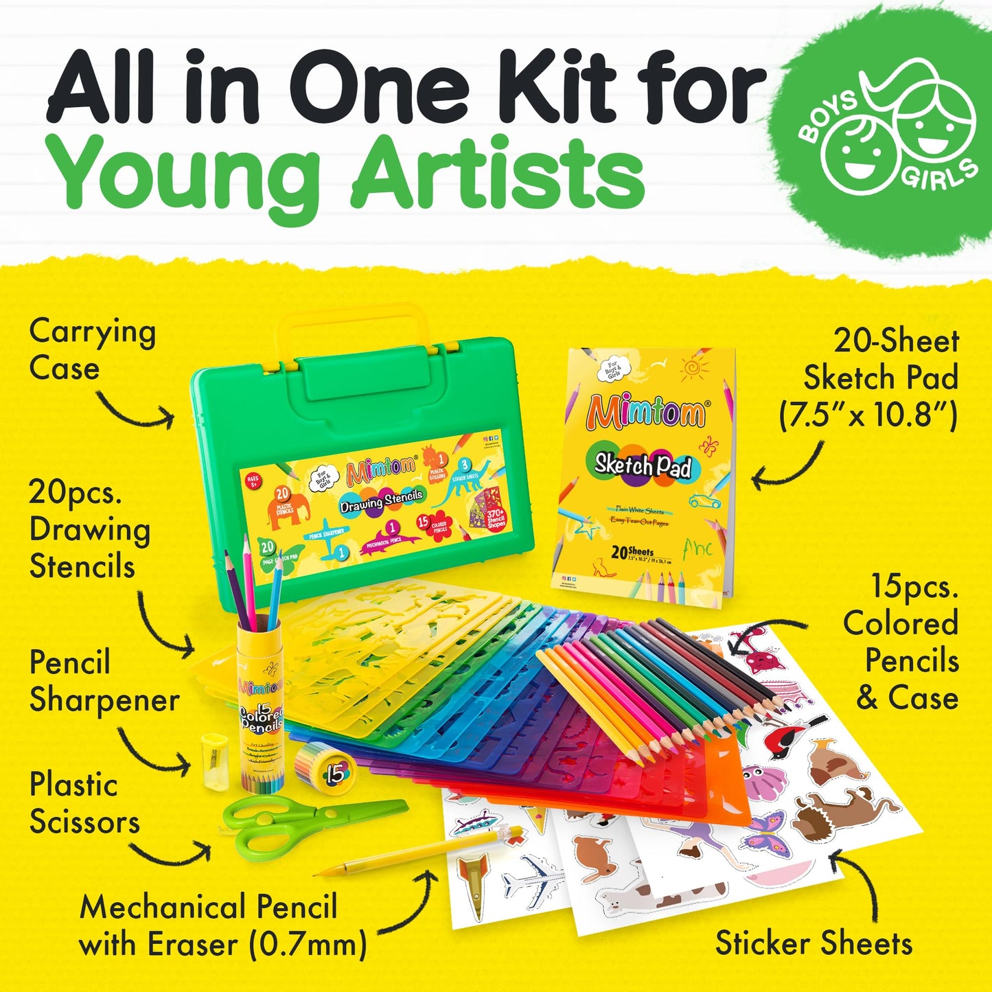 Mimtom Drawing Stencils Kit for Kids | 20 PC Stencil Set with 370+ Shapes Animals, Dinosaurs, Flowers, Letters & Numbers | 15 Colored Pencils, Pencil Sharpener, Sketch Pad & Carrying Case