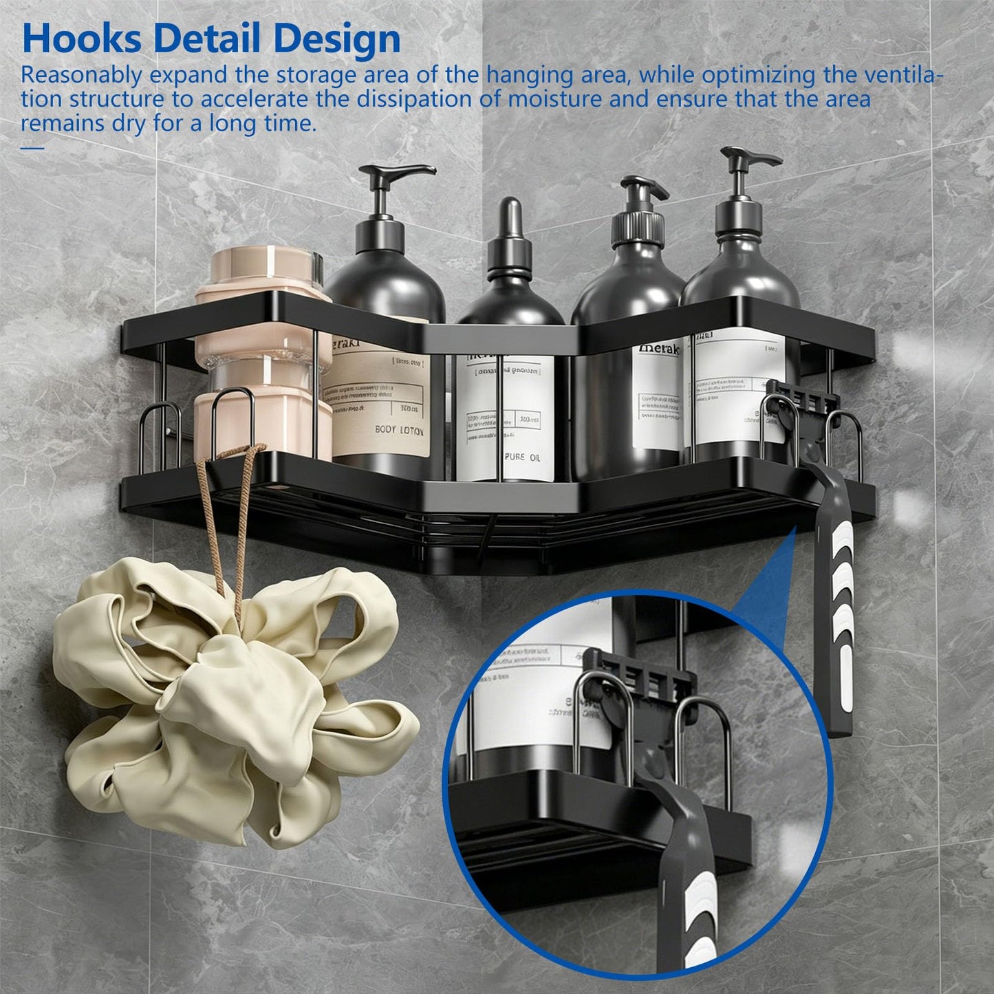 Shower Caddy, 5 Pack Bathroom Shelves, Adhesive Shower Shelf No Drilling, Black Shower Storage, Shower Organiser, Rust-Resistant Shower Caddy Corner, Soap Holder, Bathroom Accessory
