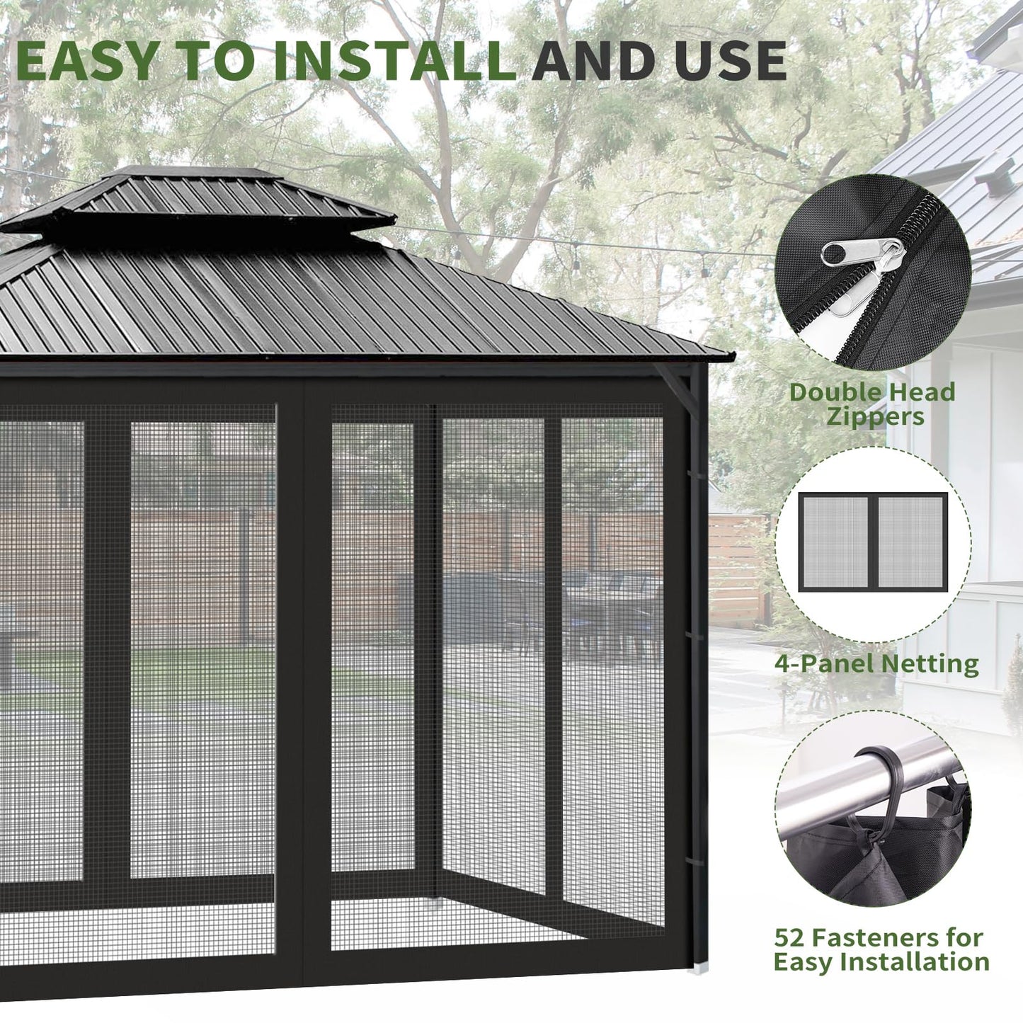 Gazebo Universal Replacement Mosquito Netting, 10' x 12' Outdoor Canopy Net Screen 4-Panel Sidewall Gazebo Curtains, with Zippers, Easy to Install, Fit for Most Gazebos 10x12 Canopy, Patio(Black)