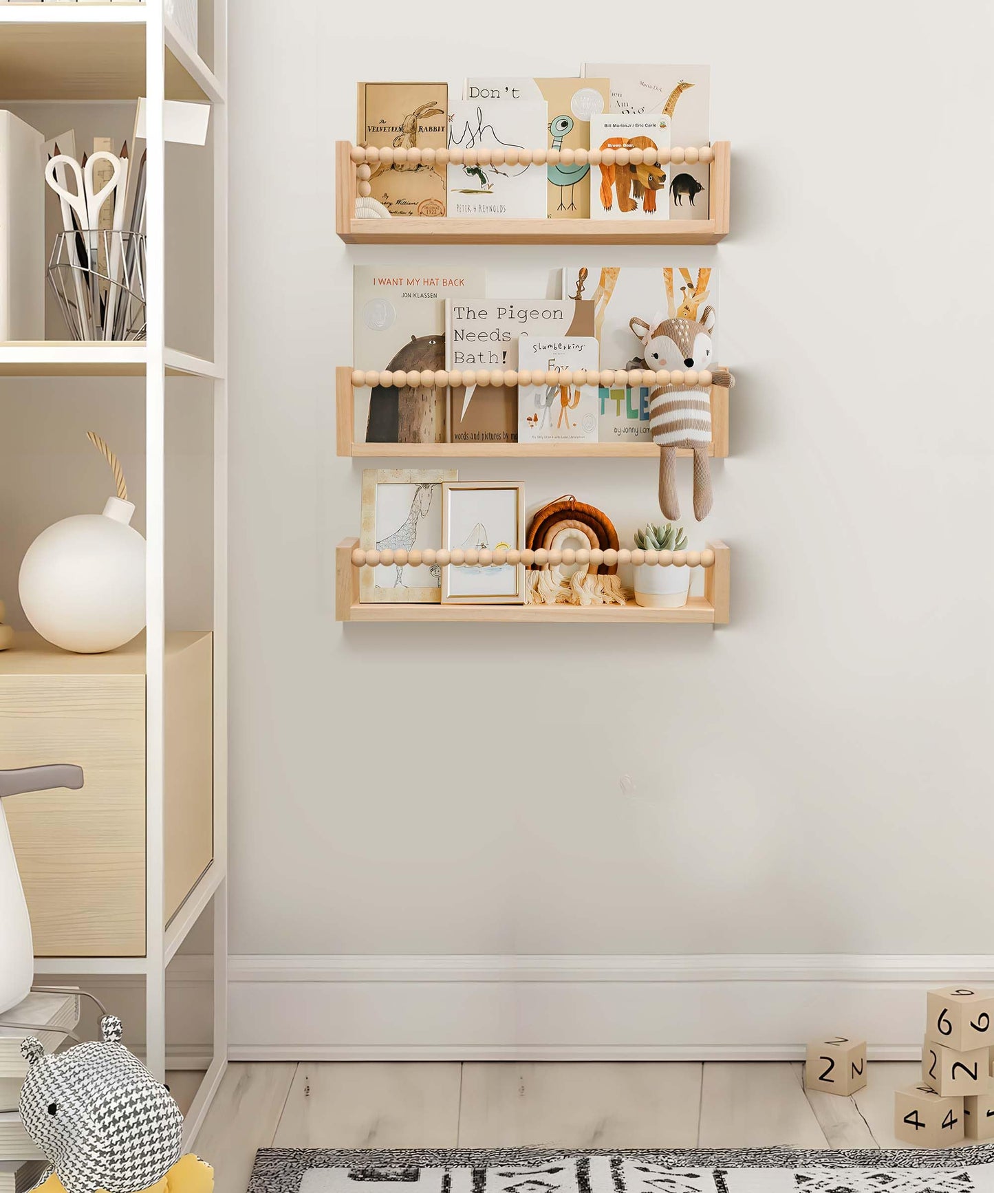 TUEGEGNS Nursery Book Shelves for Kids Rooms with Beads Set of 3,Wooden Floating Wall Bookshelves for Kids (Set of 3 Natural)