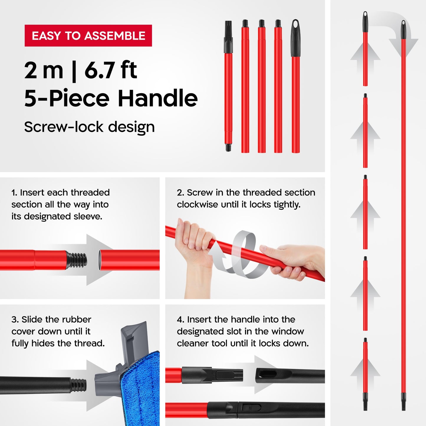 Tyroler 2-in-1 High Window Cleaning Tool | Window Squeegee Extendable with 30-205CM 5 Part Handle | Perfect Window Cleaning & Washing Kit (Gray)