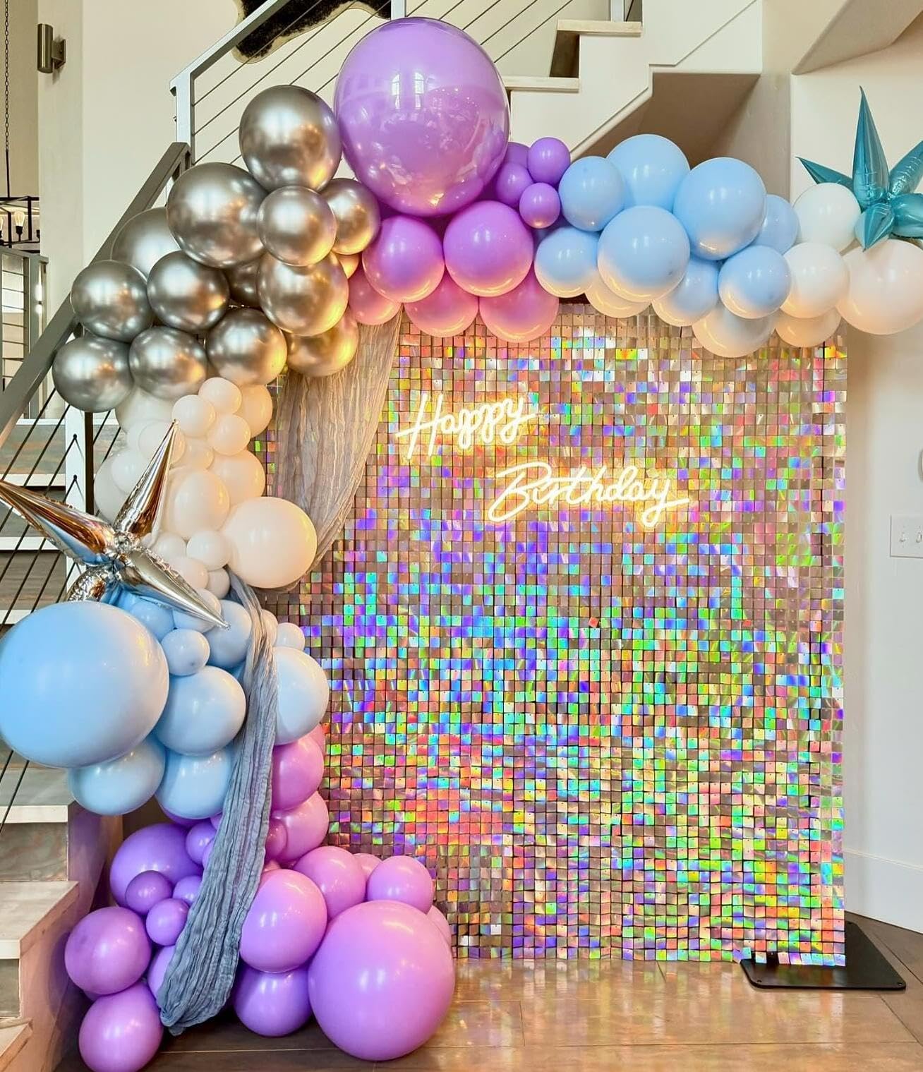 Shimmer Wall Backdrop Iridescent Silver Wall Panels 12Pcs Square Sequin Shimmer Wall Backdrop Decoration for Birthday Party,Wedding, Anniversary