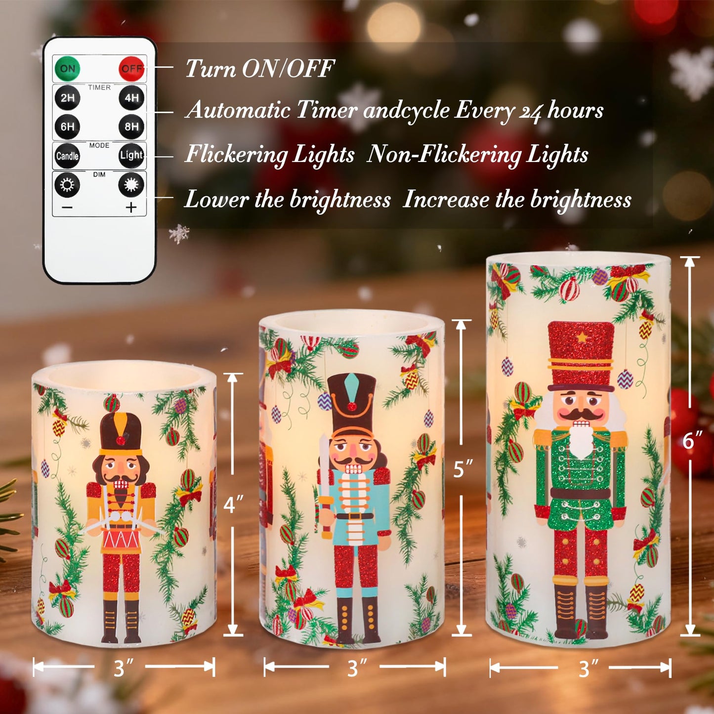 Crystal Club Christmas Flameless Candles Battery Operated, Holiday Nutcracker LED Candles with Remote, Realistic Pillar Candles for Xmas Tree, Mantel, Home Decor, Set of 3